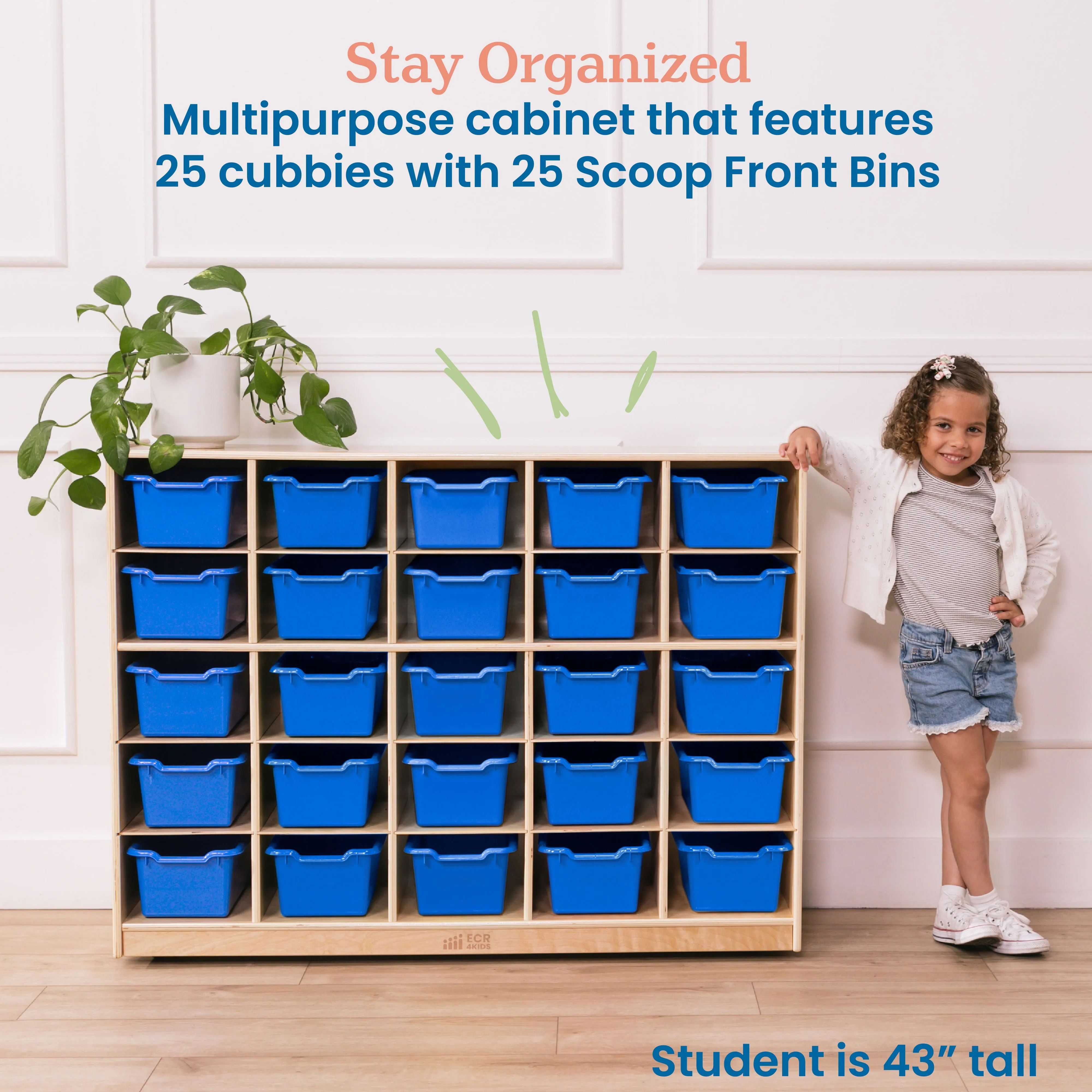 25 Cubby Mobile Tray Cabinet with Scoop Front Storage Bins, Natural, Classroom Furniture