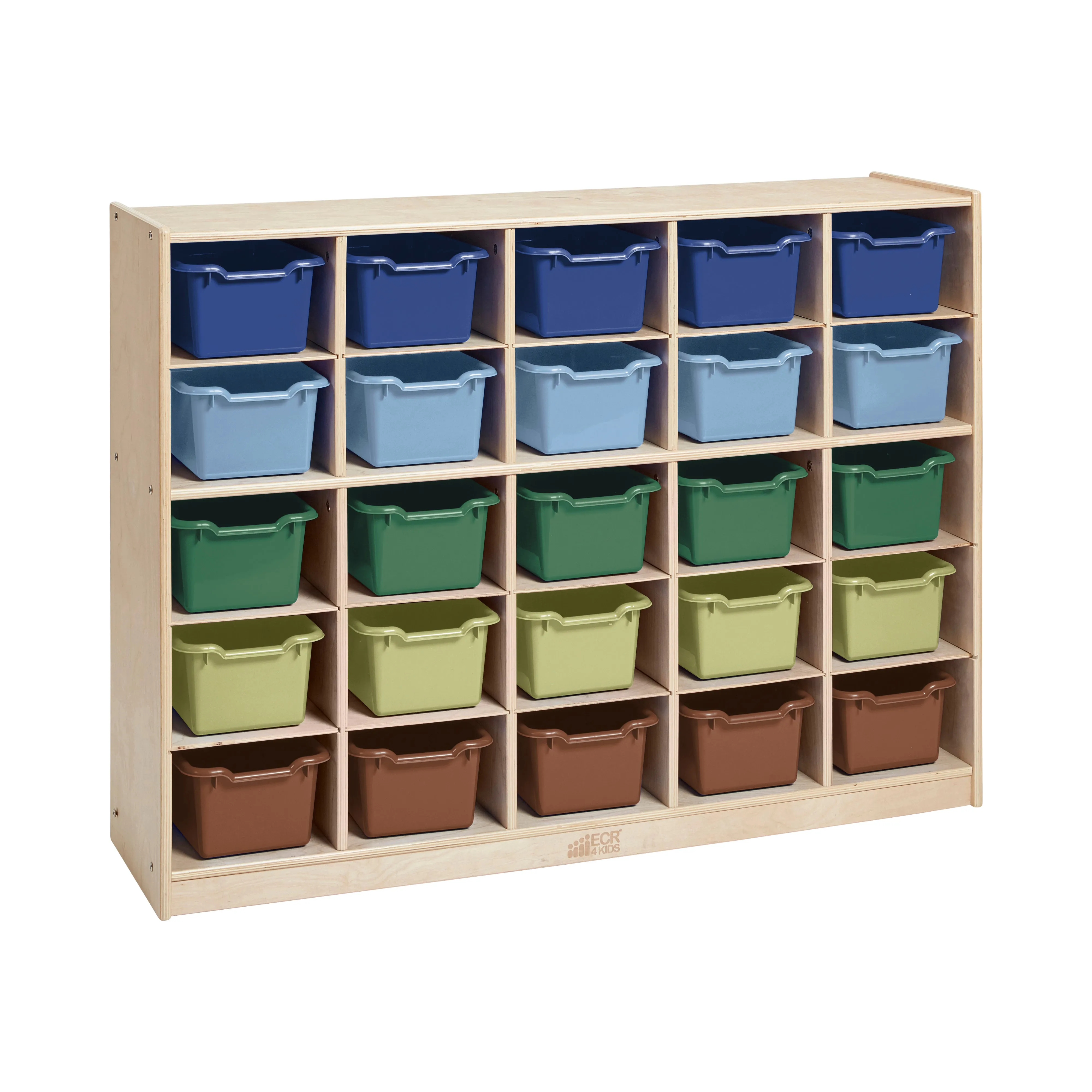 25 Cubby Mobile Tray Cabinet with Scoop Front Storage Bins, Natural, Classroom Furniture