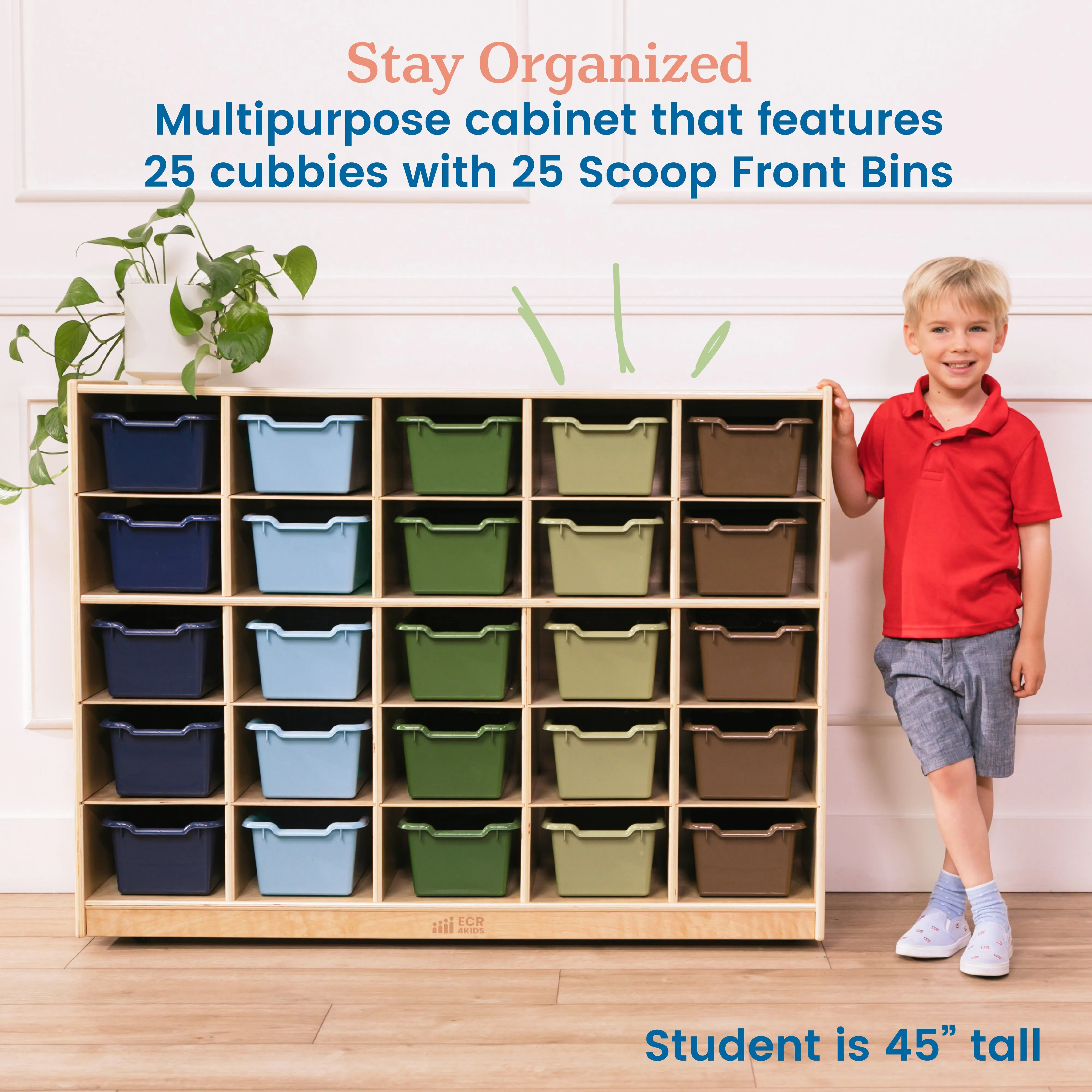 25 Cubby Mobile Tray Cabinet with Scoop Front Storage Bins, Natural, Classroom Furniture