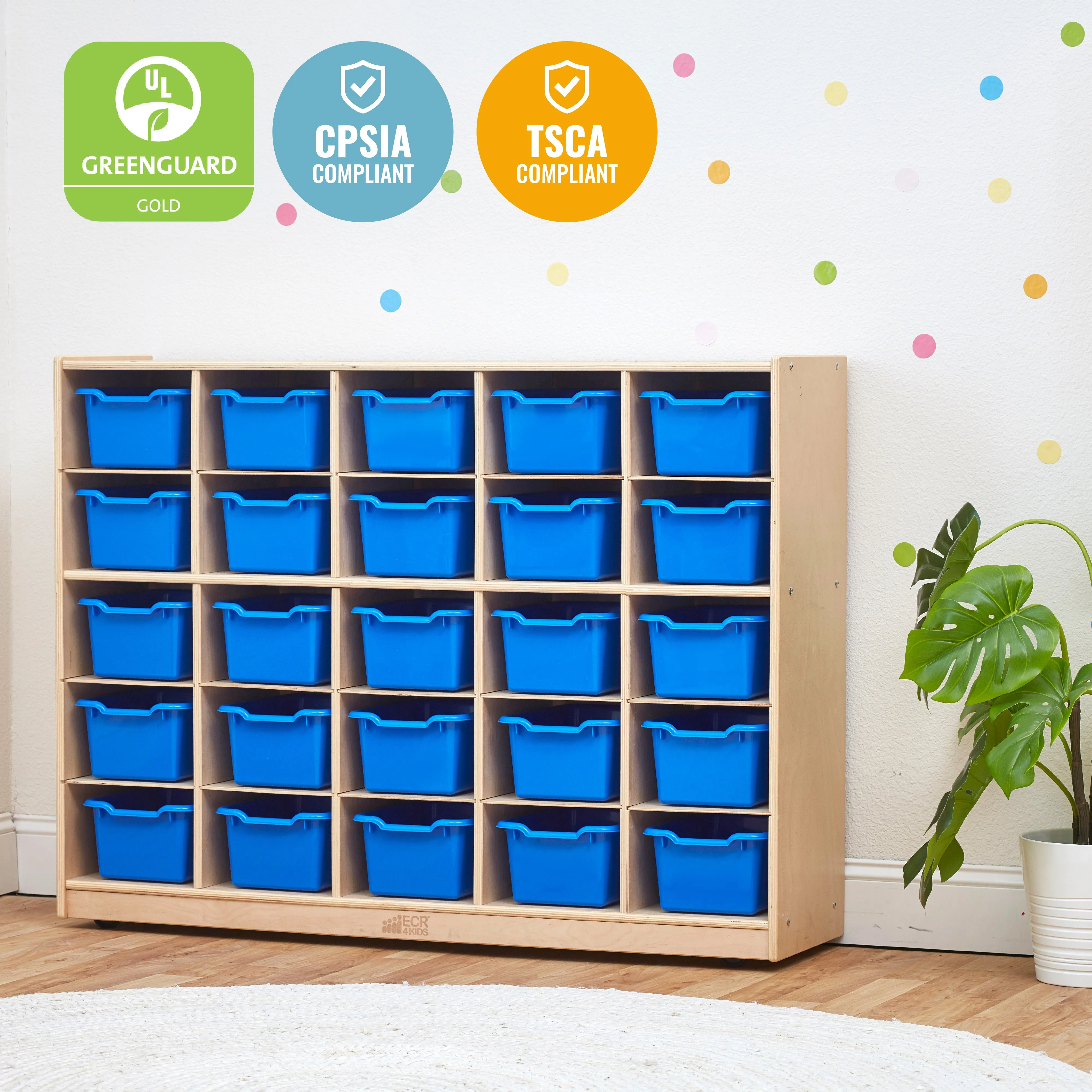 25 Cubby Mobile Tray Cabinet with Scoop Front Storage Bins, Natural, Classroom Furniture