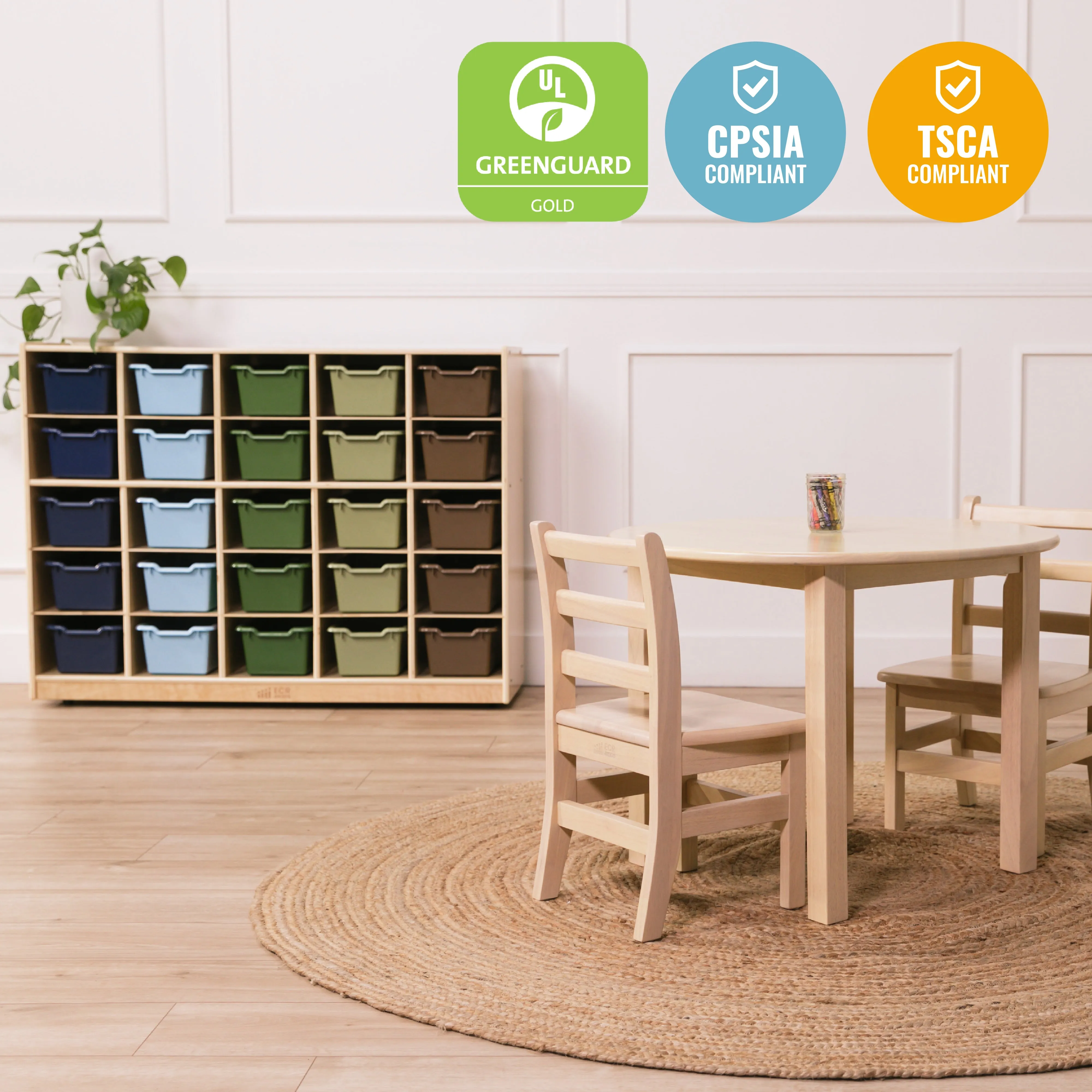 25 Cubby Mobile Tray Cabinet with Scoop Front Storage Bins, Natural, Classroom Furniture
