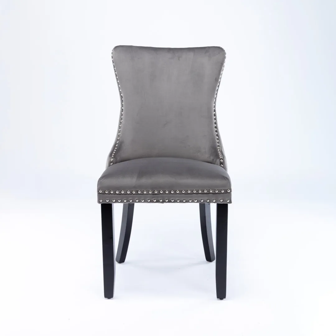 2x Velvet Grey Wingback Dining Chairs with Rivets, Solid Wood Legs