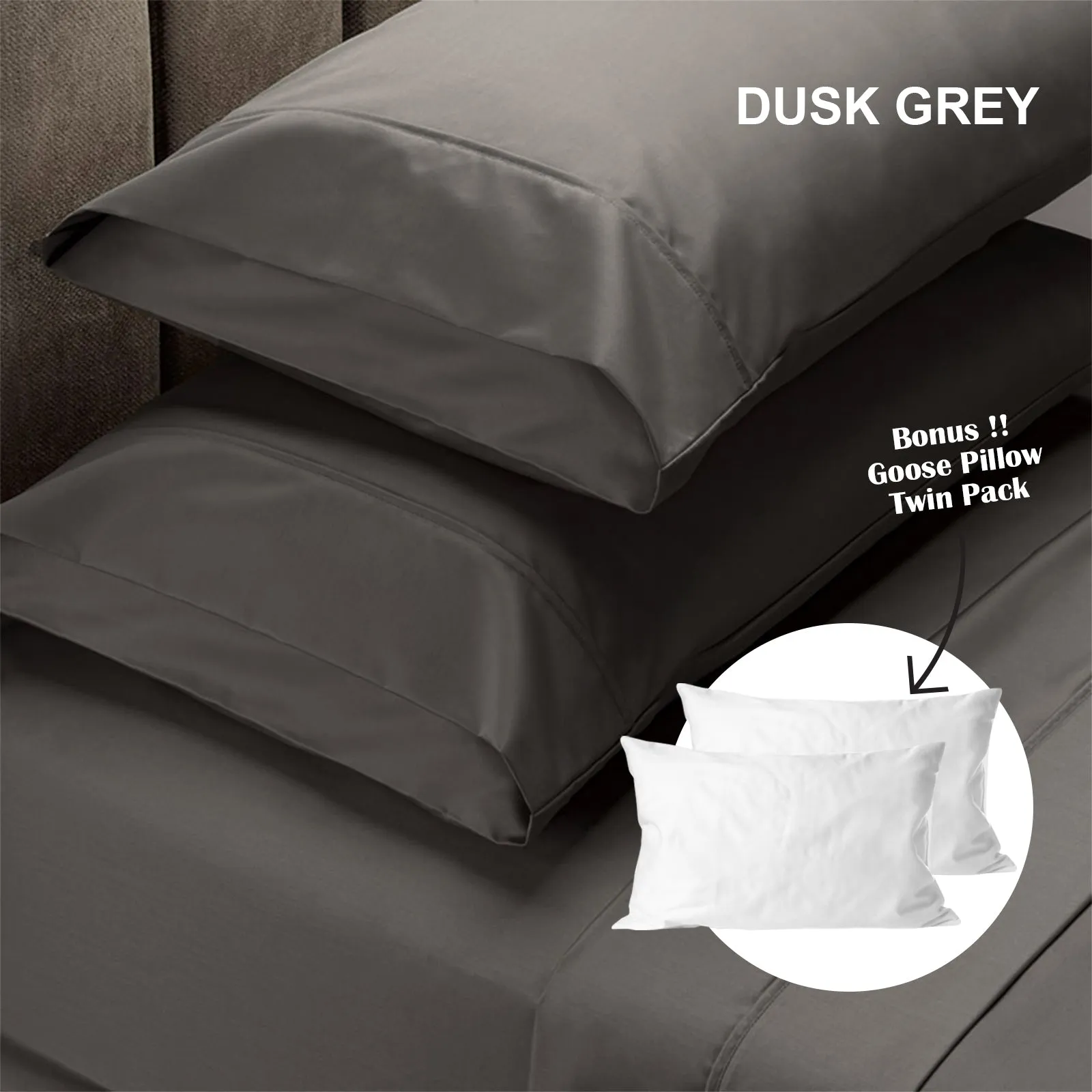4 Piece 1500TC Sheet Set | Goose Feather Down Pillows 2 Pack | King | Dusk Grey