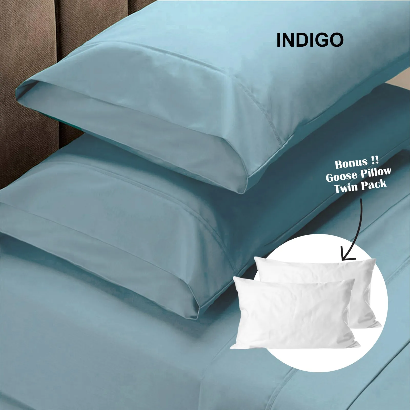 4 Piece 1500TC Sheet Set | Goose Feather Down Pillows 2 Pack | King | Indigo