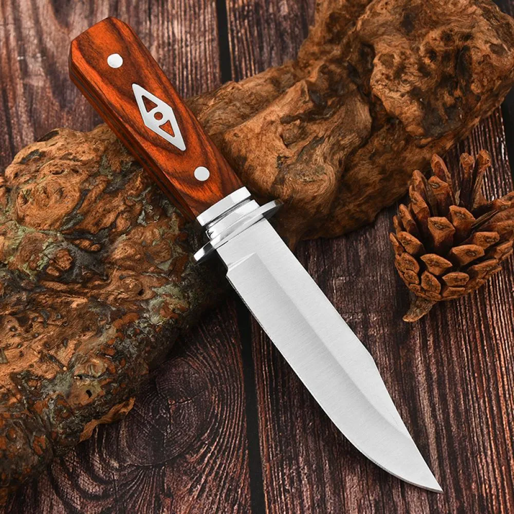 8" Fixed Blade Knife - Satin Finish Stainless Steel Blade, Brown Wood Handle with Stainless Steel Bolster, Includes Nylon Sheath - EDC,Camping Knife