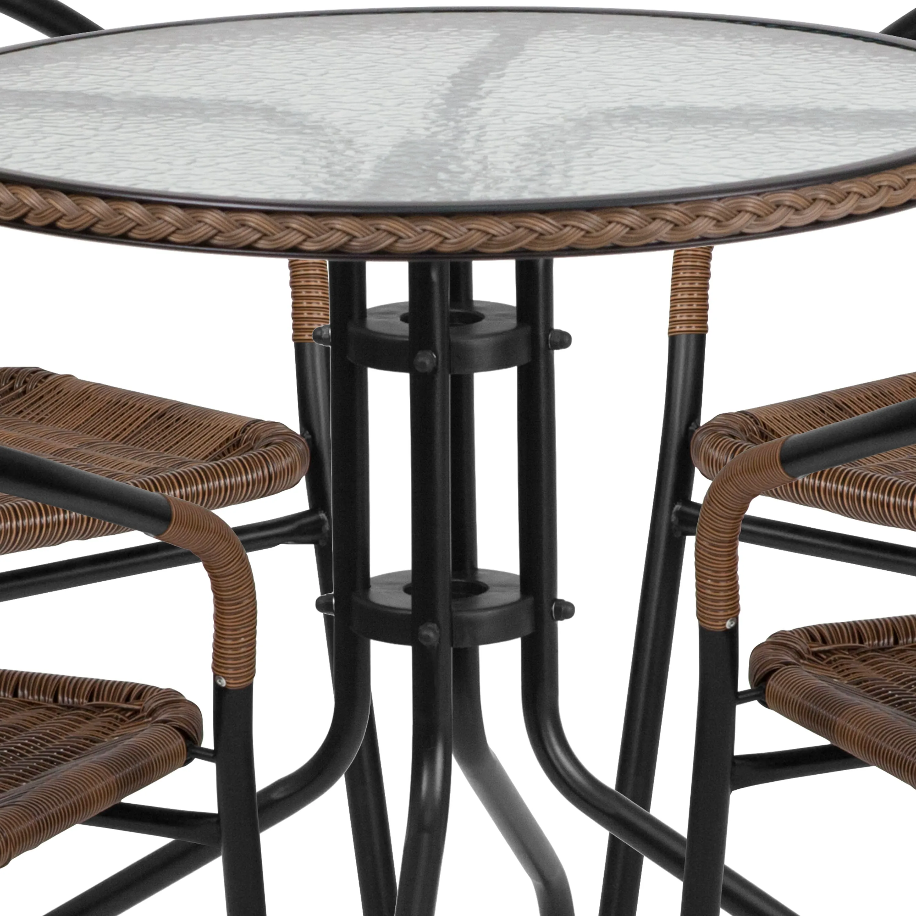 Barker 28'' Round Glass Metal Table with Rattan Edging and 4 Rattan Stack Chairs