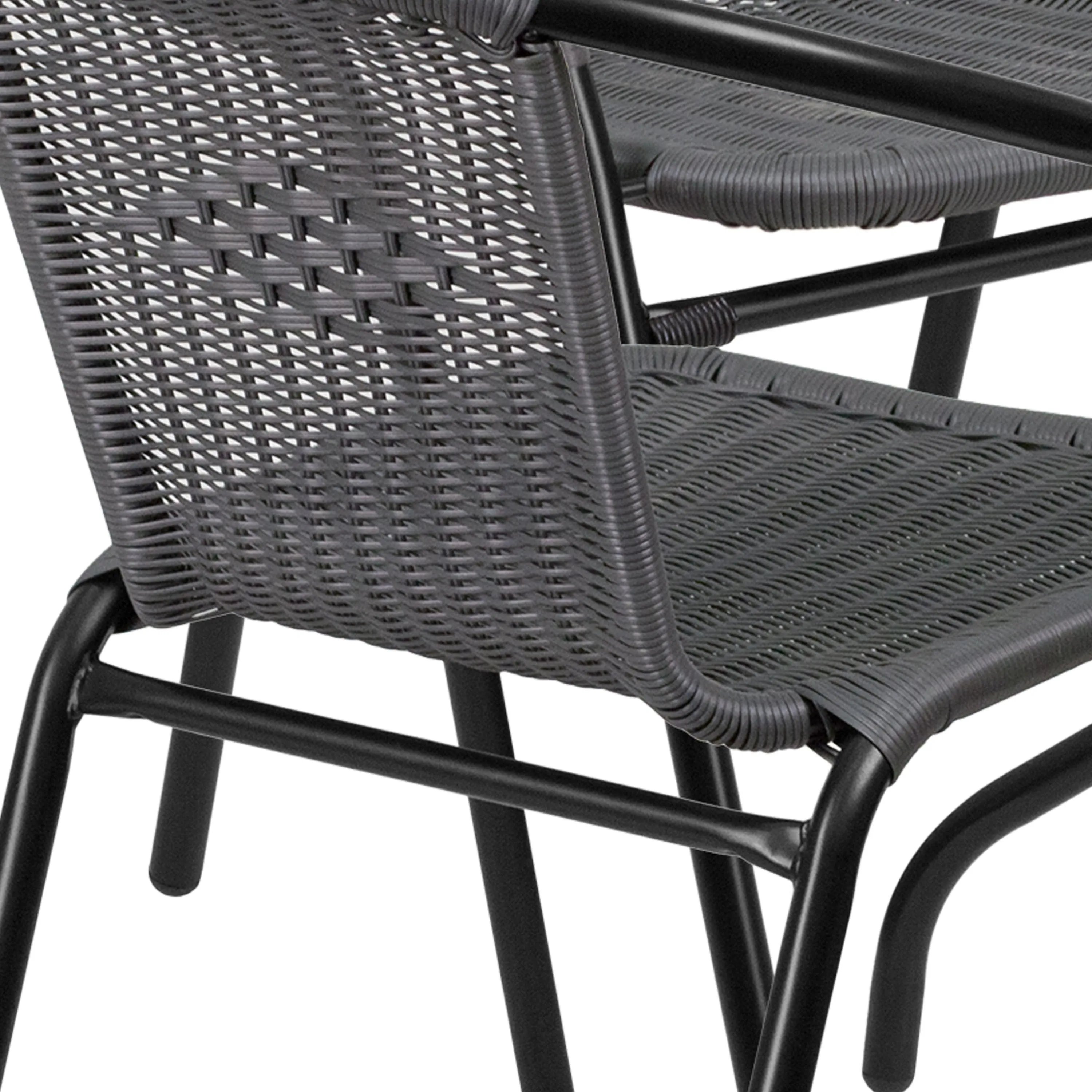 Barker 28'' Round Glass Metal Table with Rattan Edging and 4 Rattan Stack Chairs