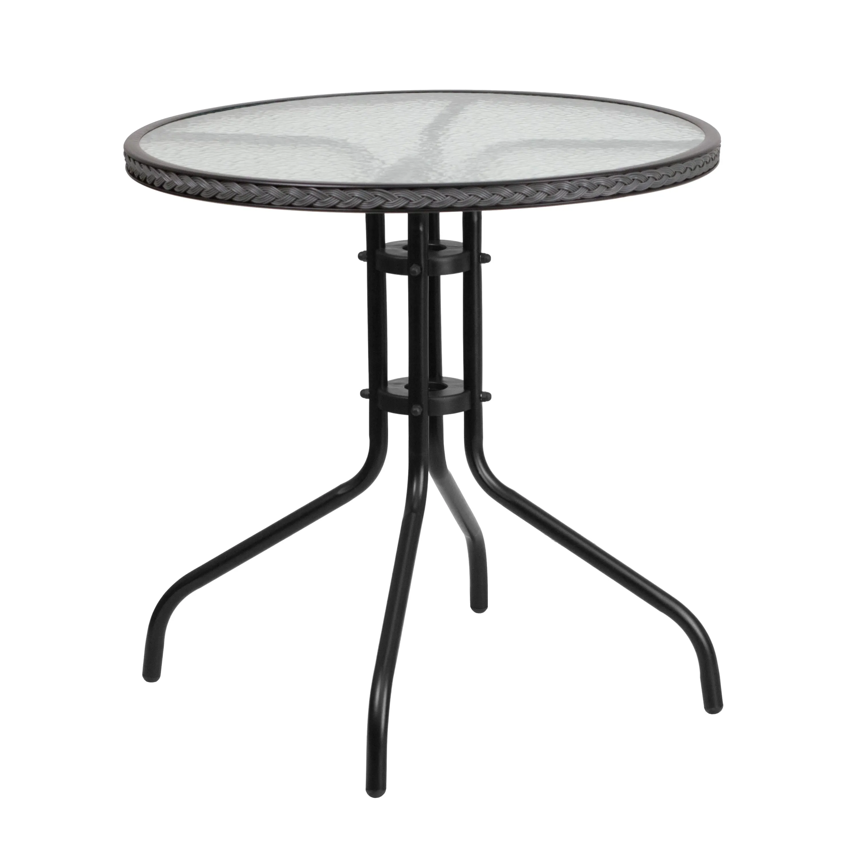 Barker 28'' Round Glass Metal Table with Rattan Edging and 4 Rattan Stack Chairs