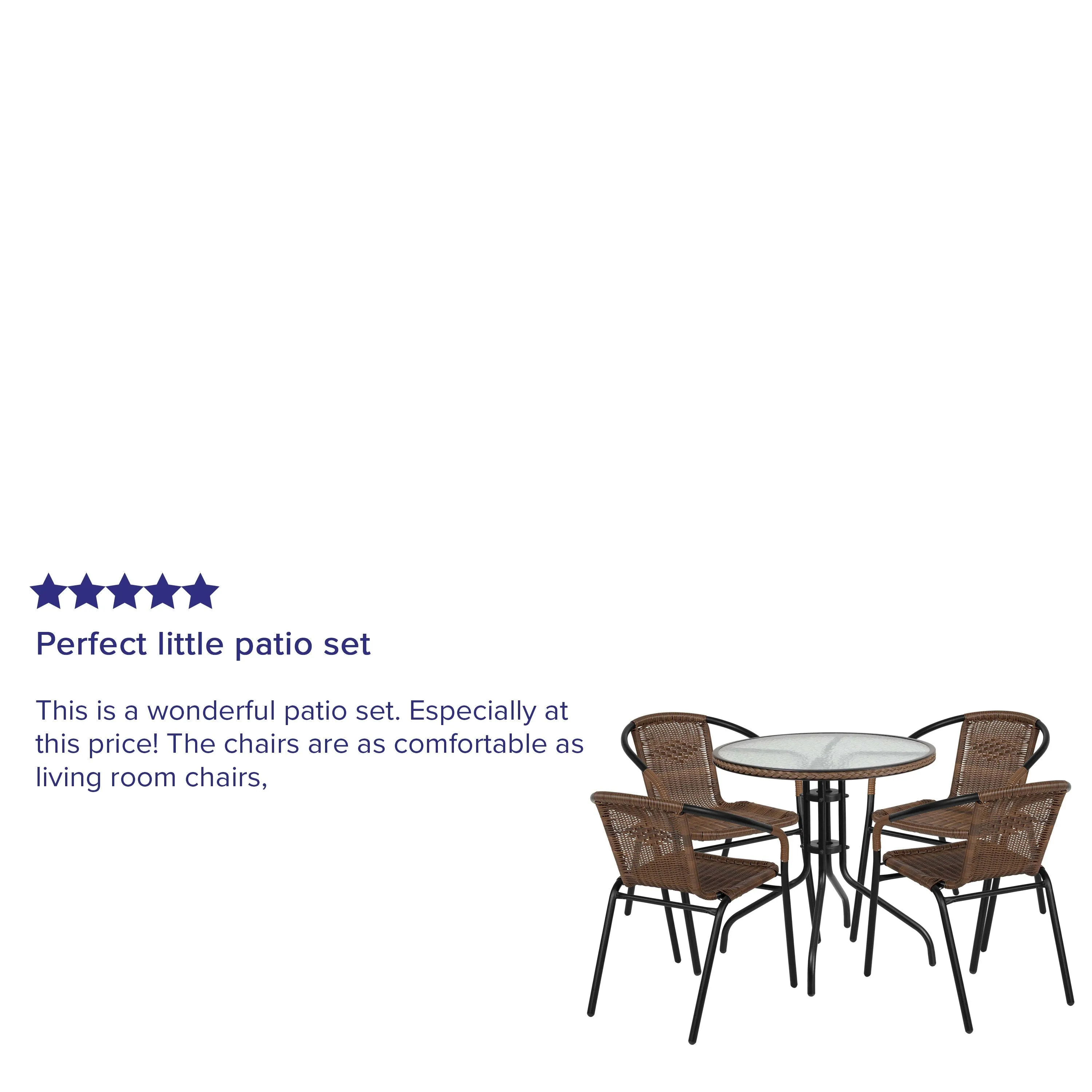Barker 28'' Round Glass Metal Table with Rattan Edging and 4 Rattan Stack Chairs