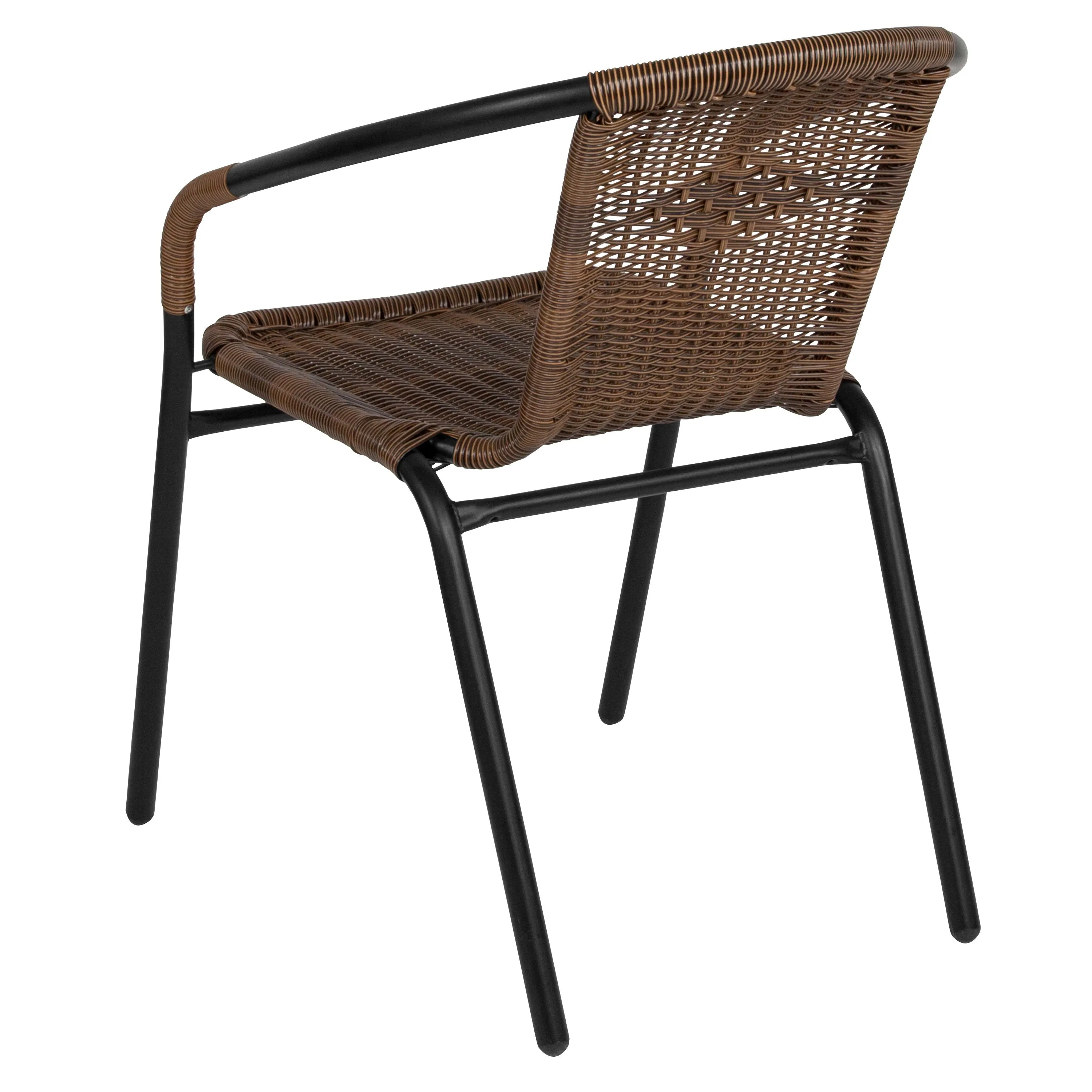 Barker 28'' Round Glass Metal Table with Rattan Edging and 4 Rattan Stack Chairs