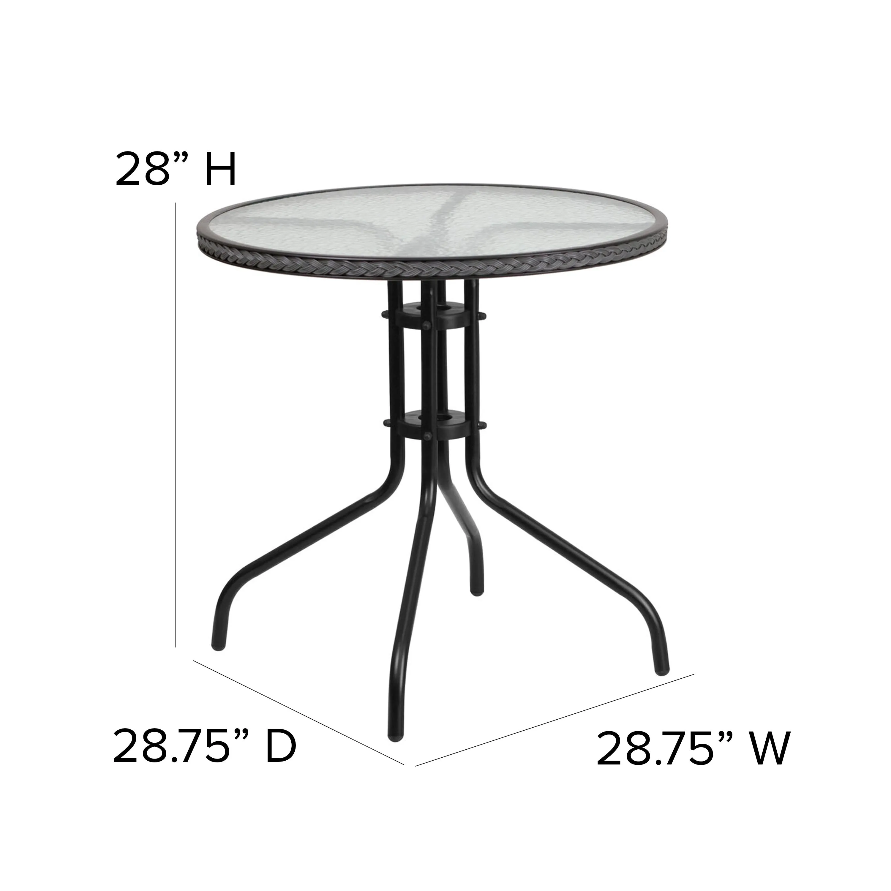 Barker 28'' Round Glass Metal Table with Rattan Edging and 4 Rattan Stack Chairs