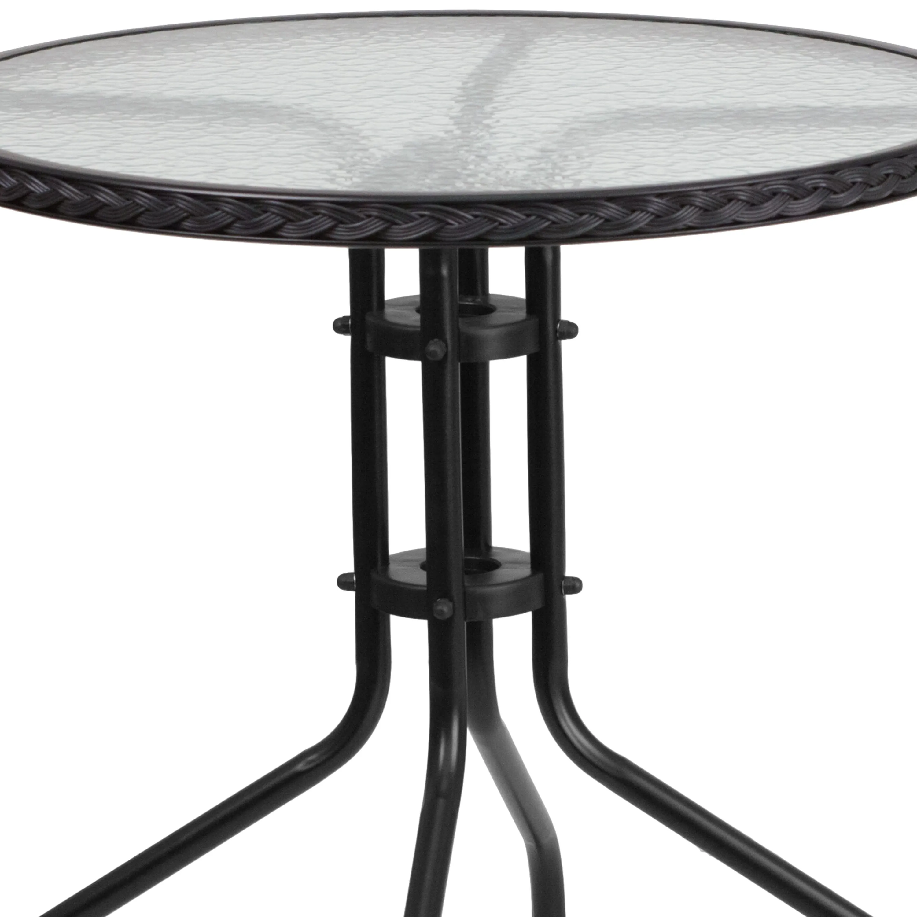 Barker 28'' Round Glass Metal Table with Rattan Edging and 4 Rattan Stack Chairs