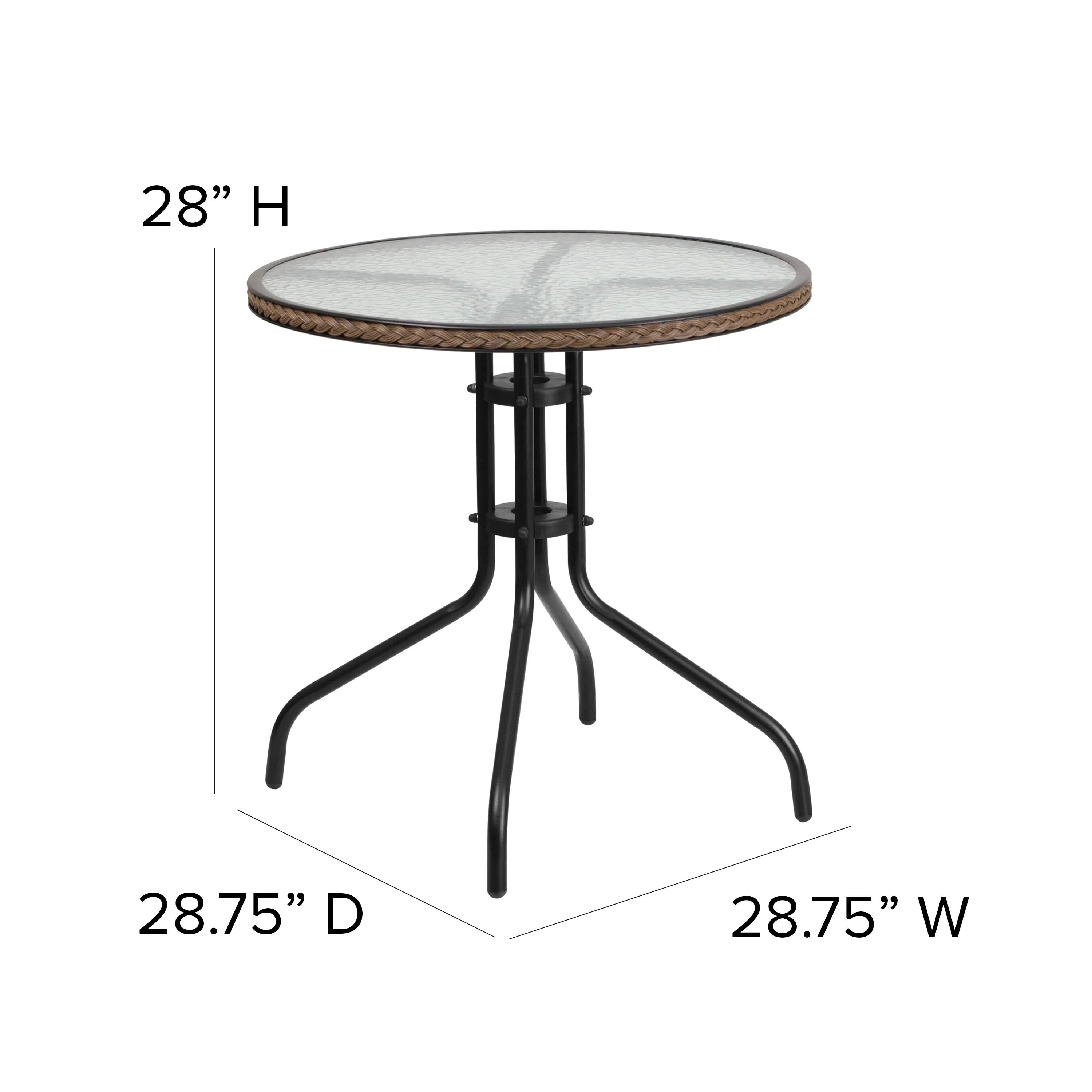 Barker 28'' Round Glass Metal Table with Rattan Edging and 4 Rattan Stack Chairs
