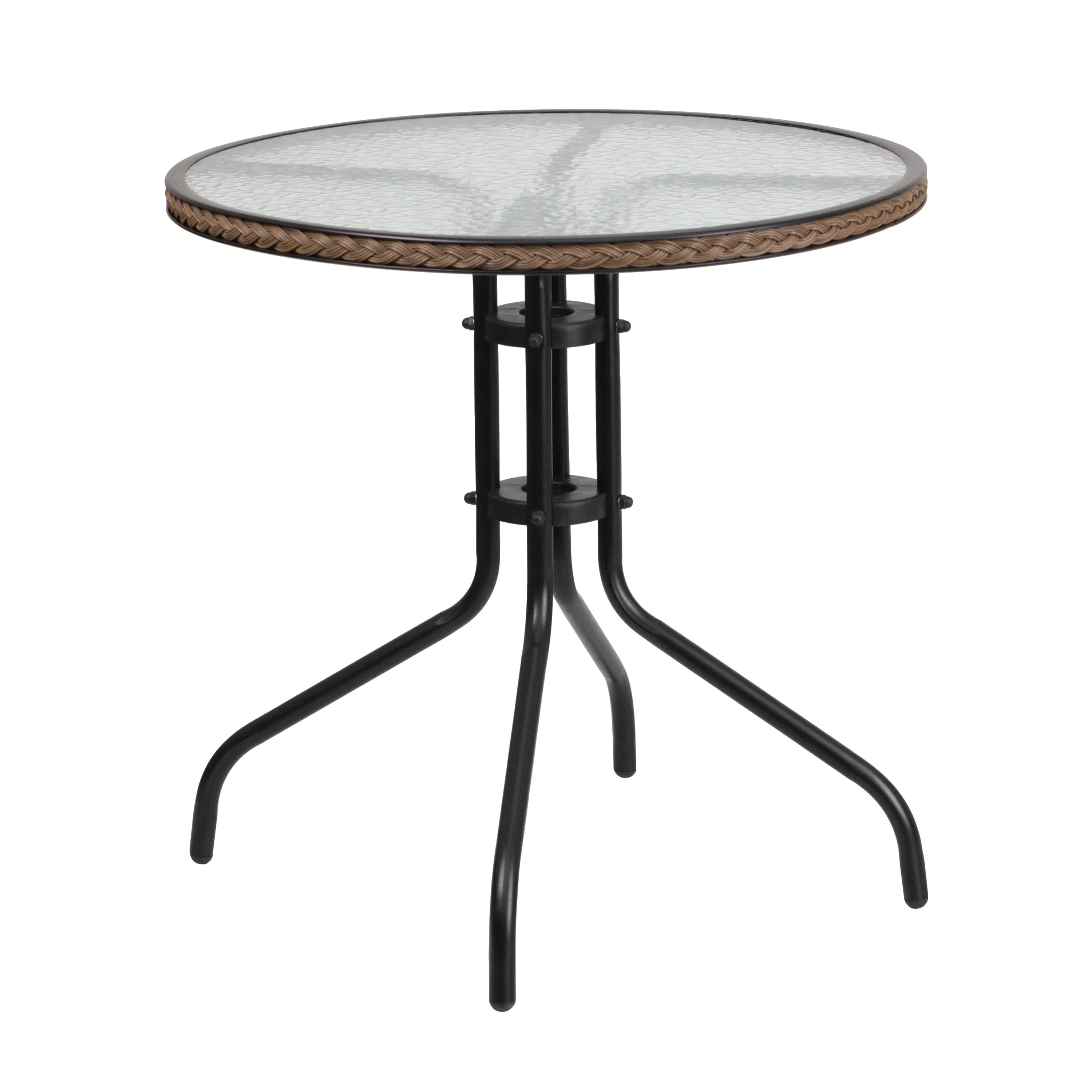 Barker 28'' Round Glass Metal Table with Rattan Edging and 4 Rattan Stack Chairs
