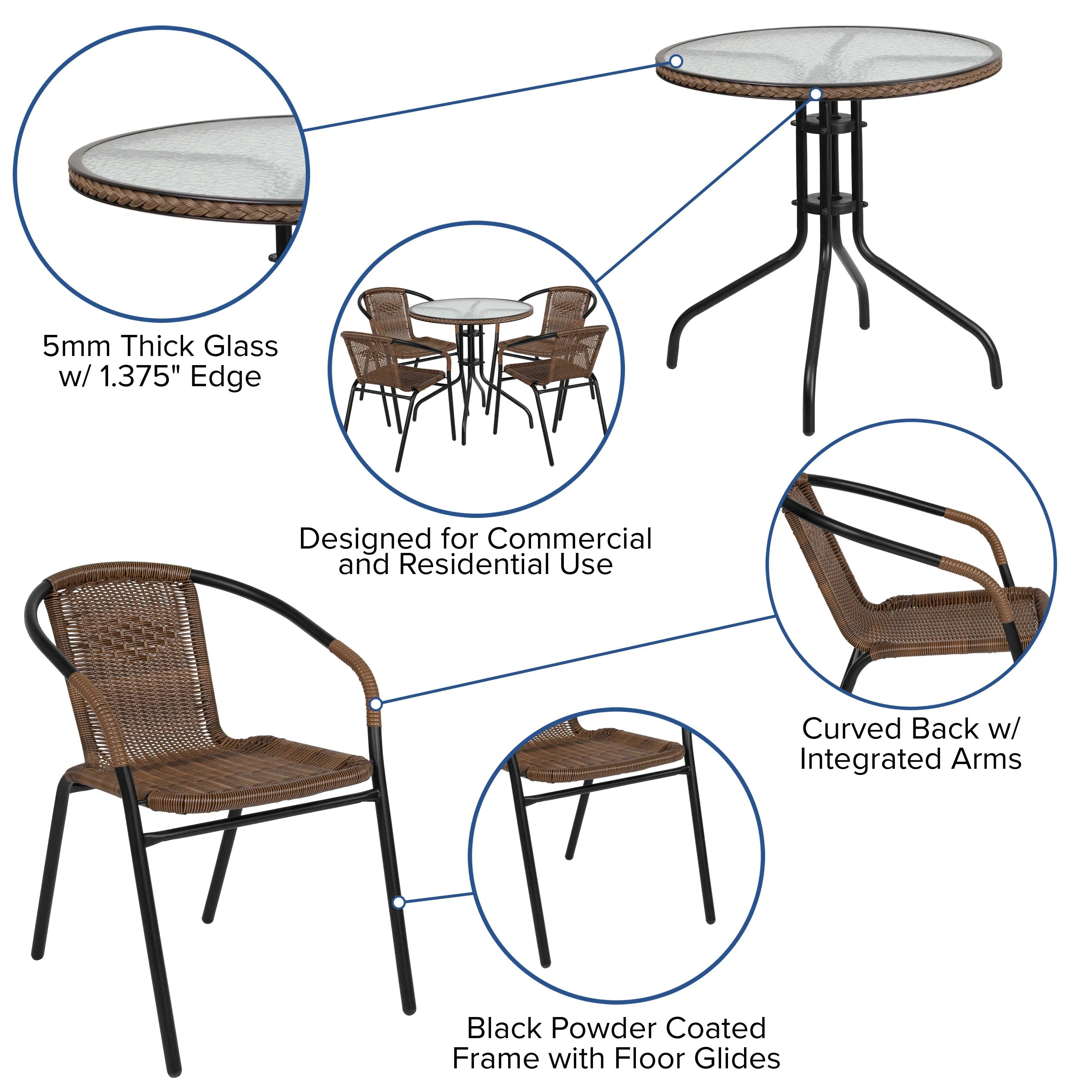 Barker 28'' Round Glass Metal Table with Rattan Edging and 4 Rattan Stack Chairs
