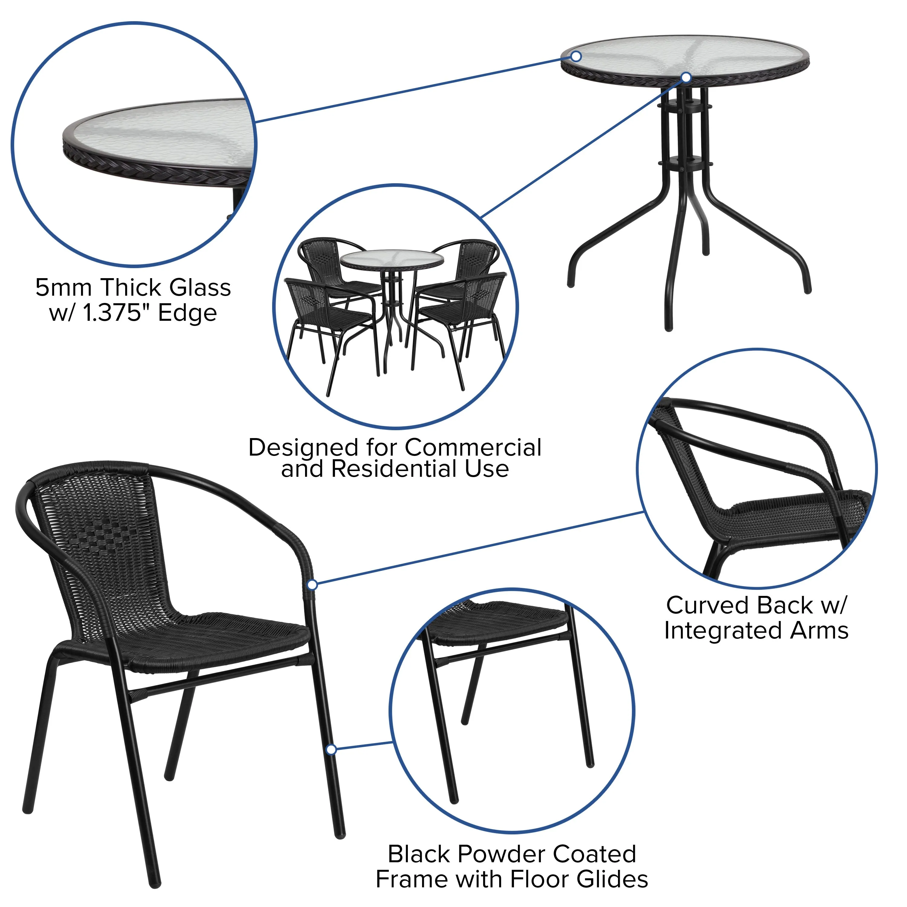 Barker 28'' Round Glass Metal Table with Rattan Edging and 4 Rattan Stack Chairs