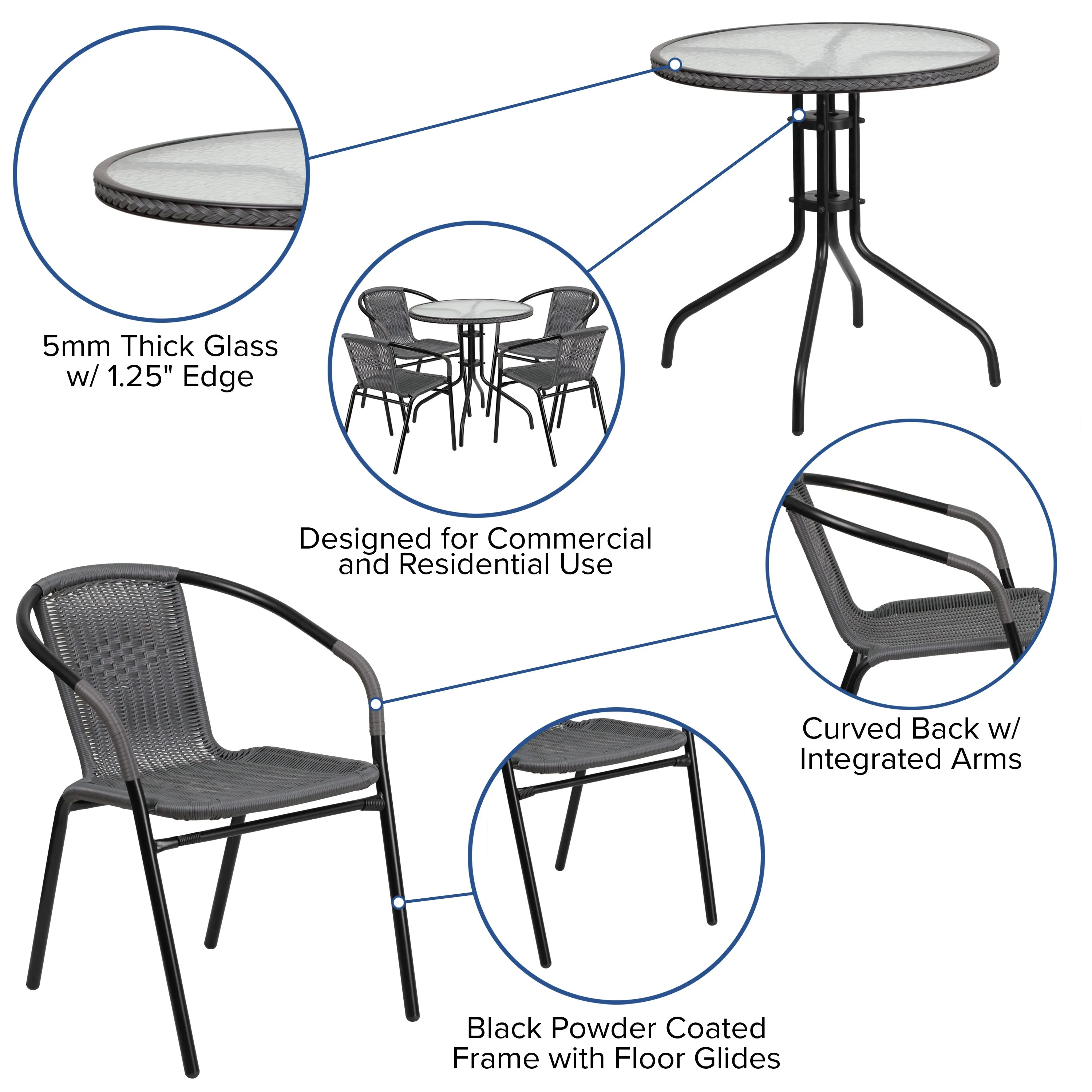 Barker 28'' Round Glass Metal Table with Rattan Edging and 4 Rattan Stack Chairs