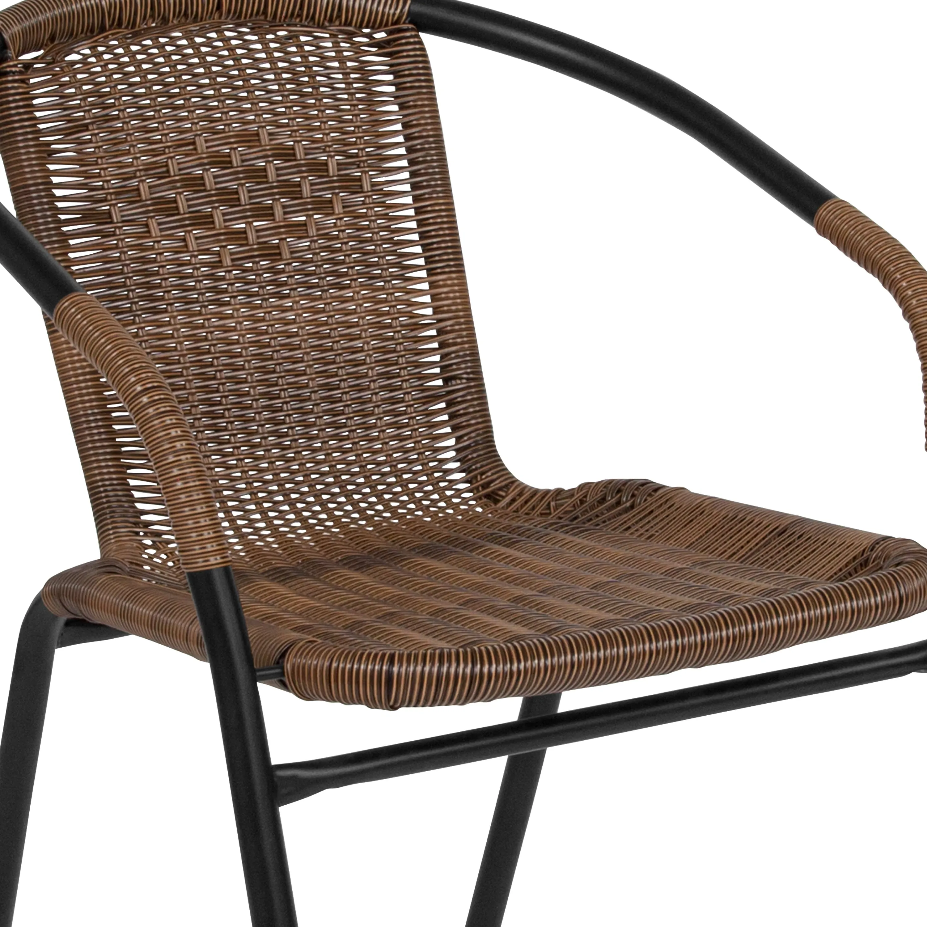 Barker 28'' Round Glass Metal Table with Rattan Edging and 4 Rattan Stack Chairs