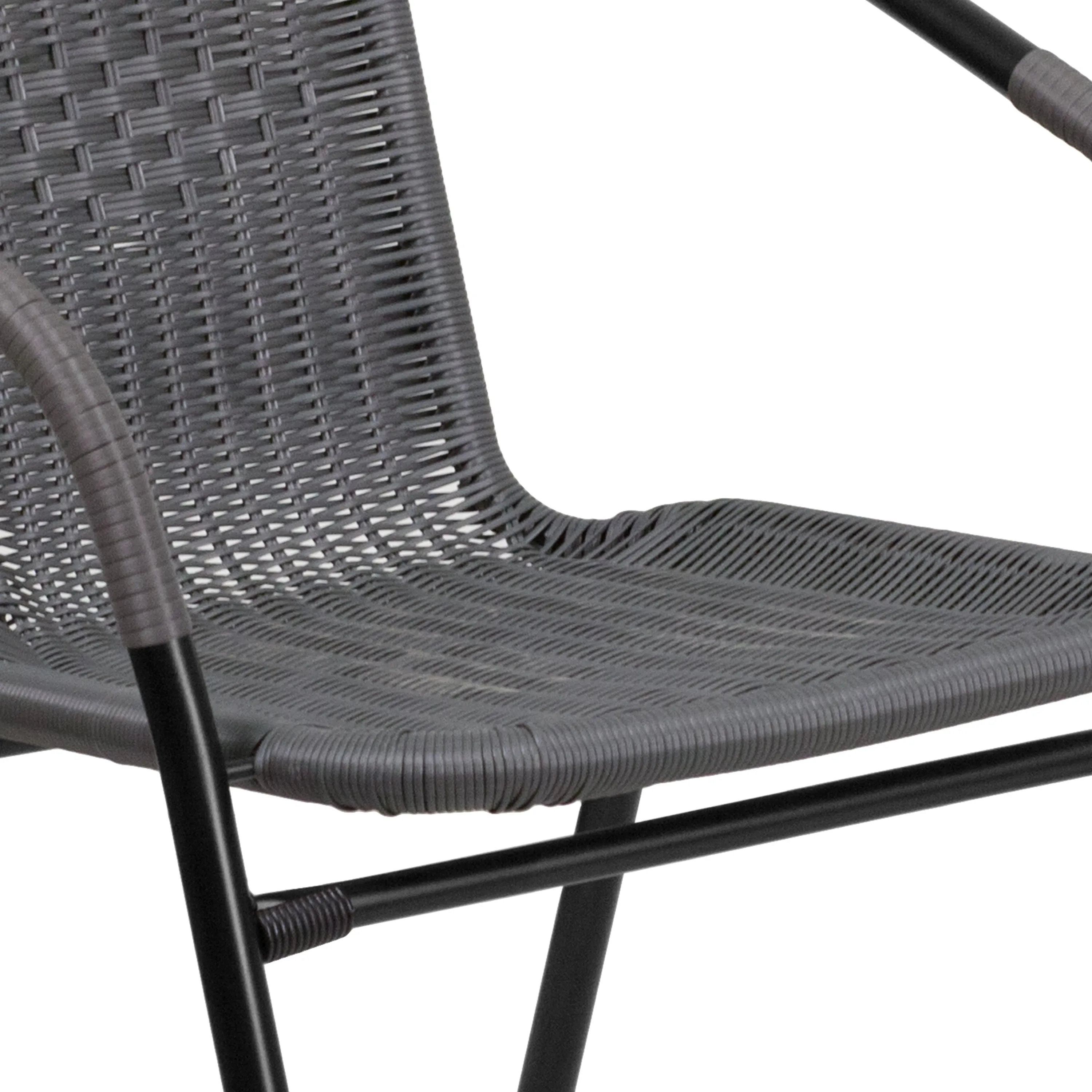 Barker 28'' Round Glass Metal Table with Rattan Edging and 4 Rattan Stack Chairs
