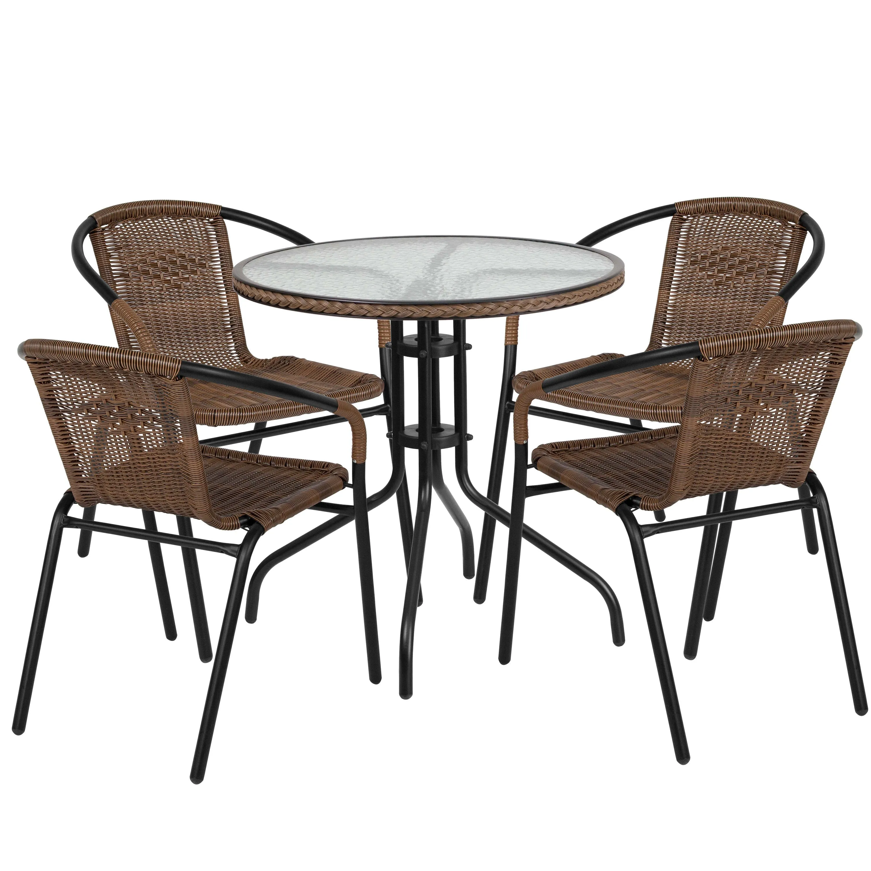 Barker 28'' Round Glass Metal Table with Rattan Edging and 4 Rattan Stack Chairs