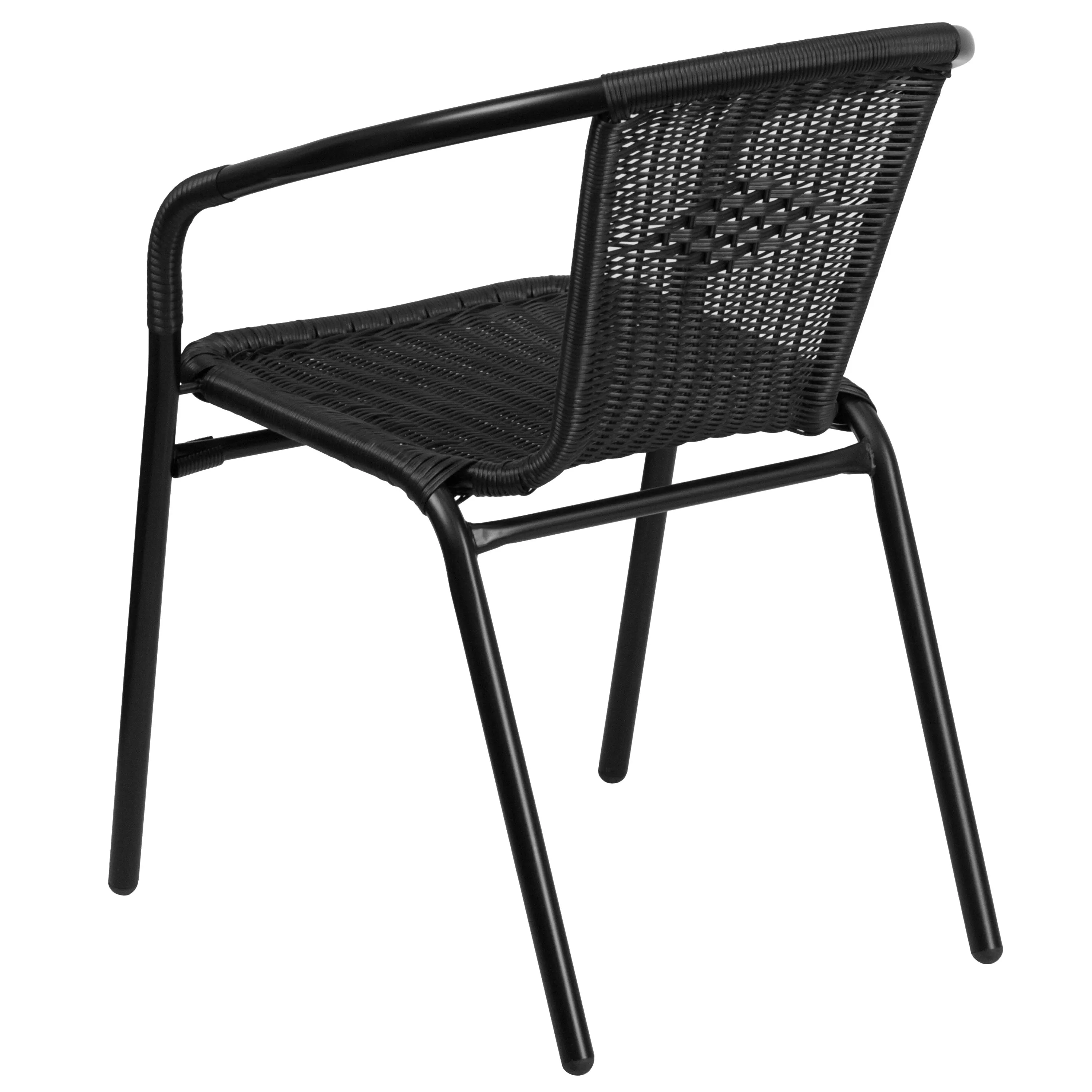 Barker 28'' Round Glass Metal Table with Rattan Edging and 4 Rattan Stack Chairs