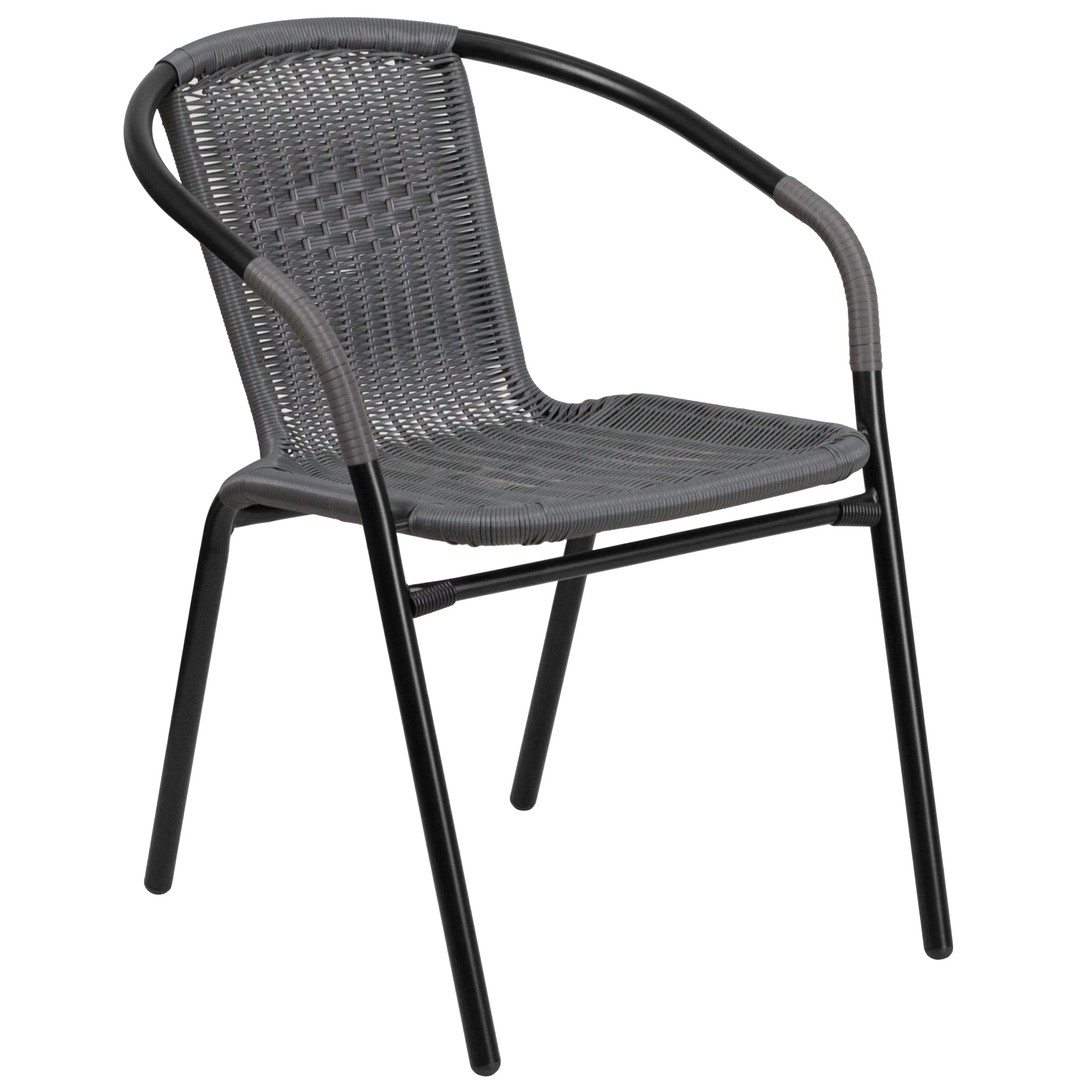 Barker 28'' Round Glass Metal Table with Rattan Edging and 4 Rattan Stack Chairs
