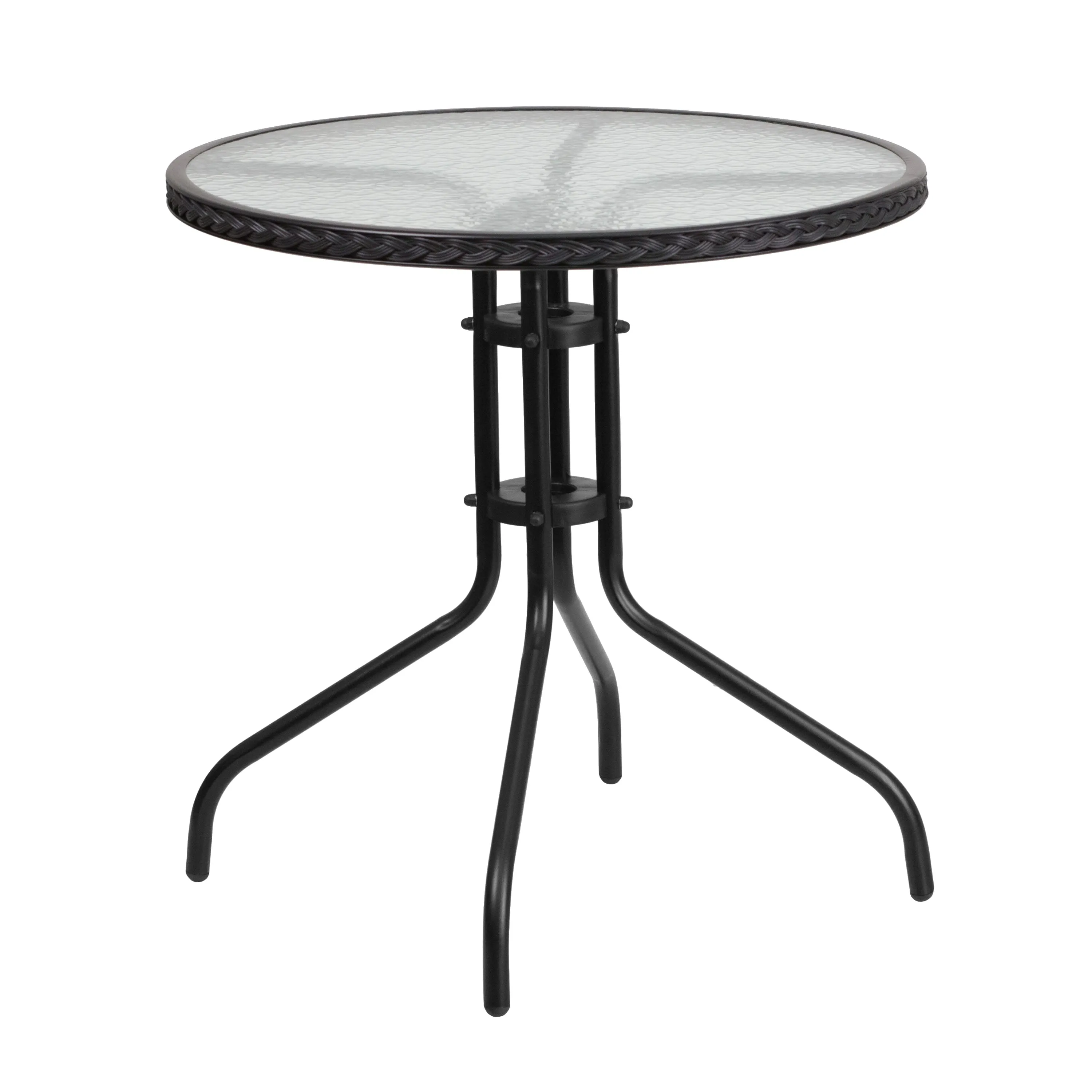 Barker 28'' Round Glass Metal Table with Rattan Edging and 4 Rattan Stack Chairs
