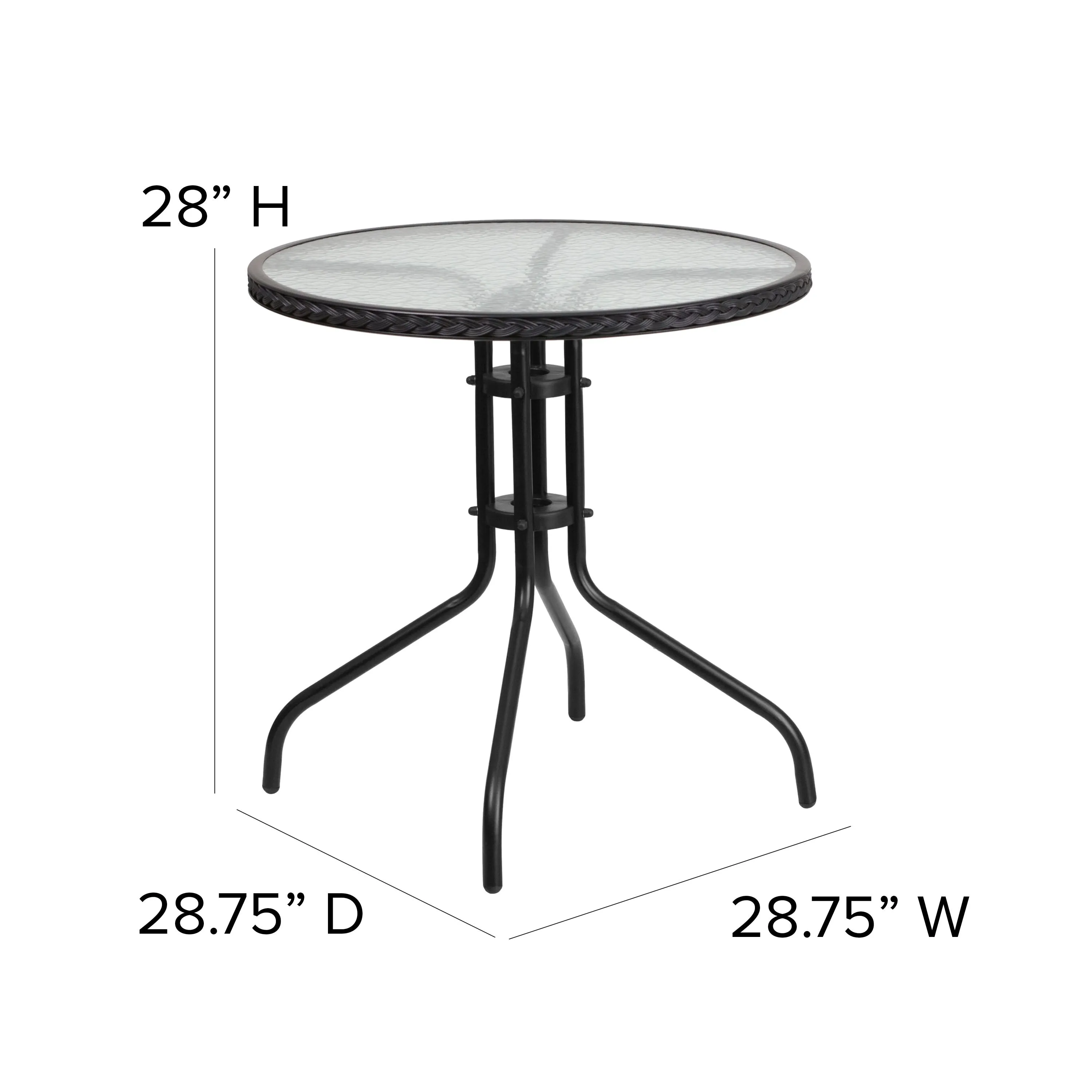 Barker 28'' Round Glass Metal Table with Rattan Edging and 4 Rattan Stack Chairs