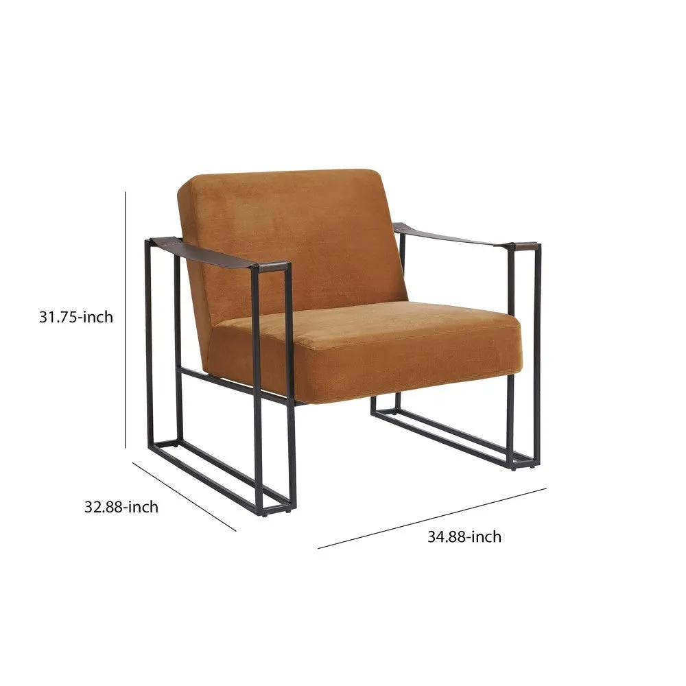 Cushioned Metal Strap Arm Accent Chair with, Orange and Bronze By Casagear Home