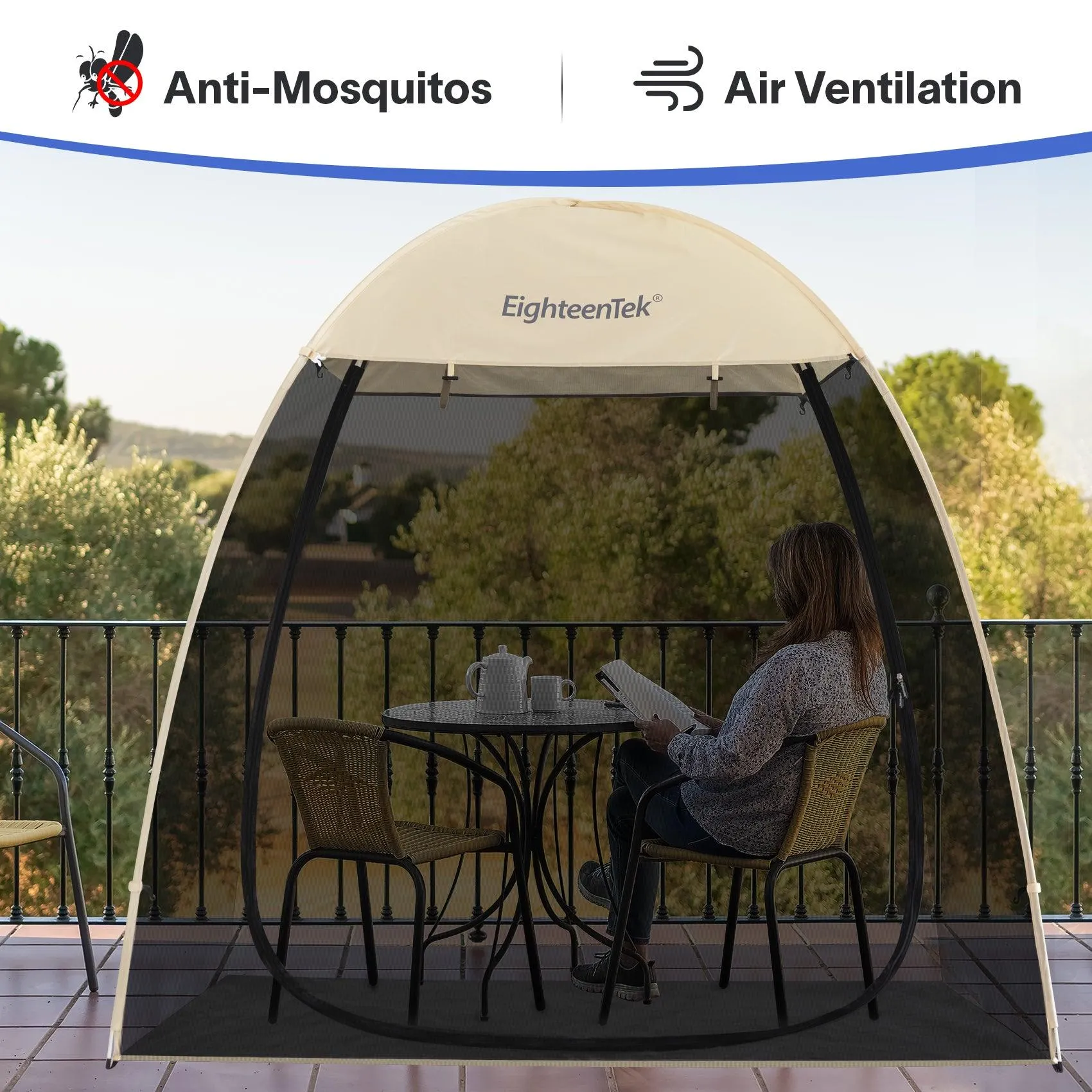 EighteenTek 7'x4' Pop Up Bug Free Screen House Tent For Balcony