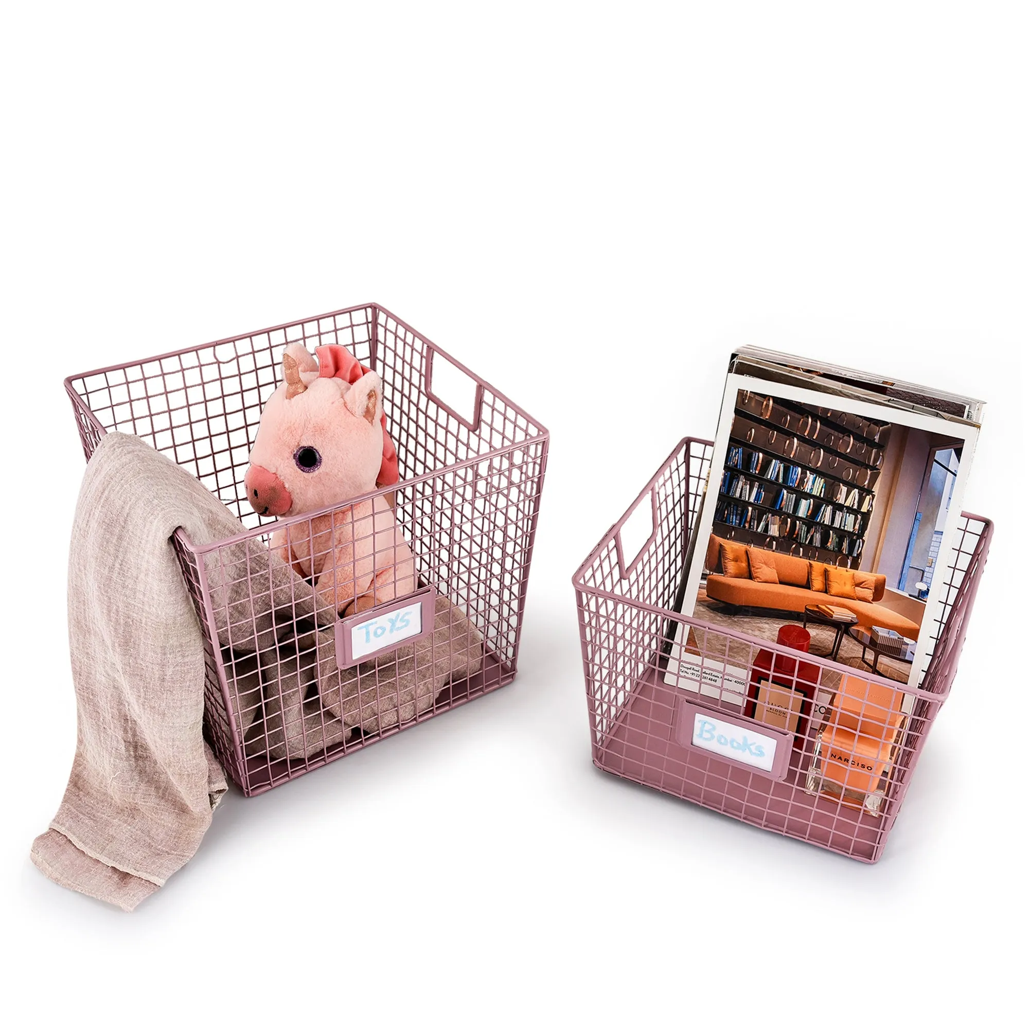 ELAN GRID Metal Square Bin, Baskets for Vegetables and Fruits (Set of 2, Mauve)