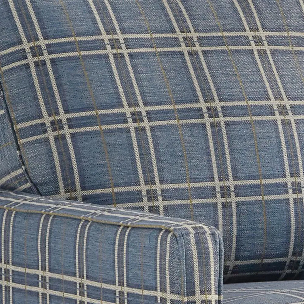 Fabric Upholstered Accent Chair with Checkered Details, Blue and Brown By Casagear Home