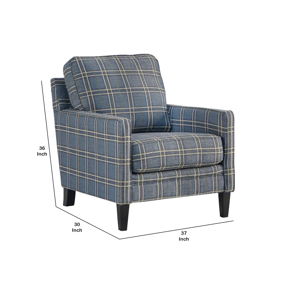 Fabric Upholstered Accent Chair with Checkered Details, Blue and Brown By Casagear Home
