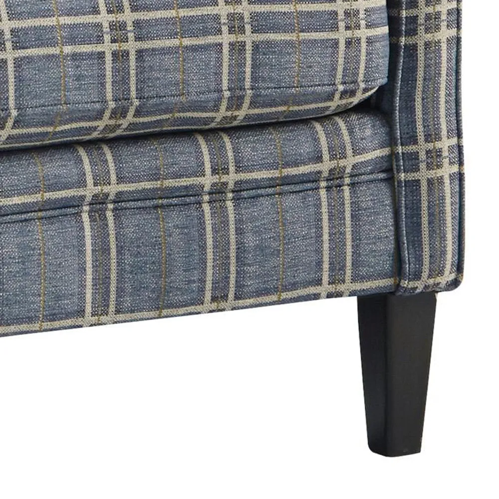 Fabric Upholstered Accent Chair with Checkered Details, Blue and Brown By Casagear Home