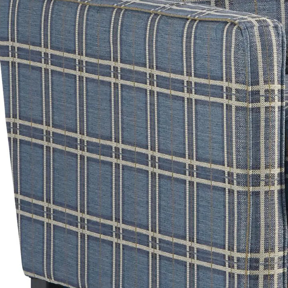 Fabric Upholstered Accent Chair with Checkered Details, Blue and Brown By Casagear Home