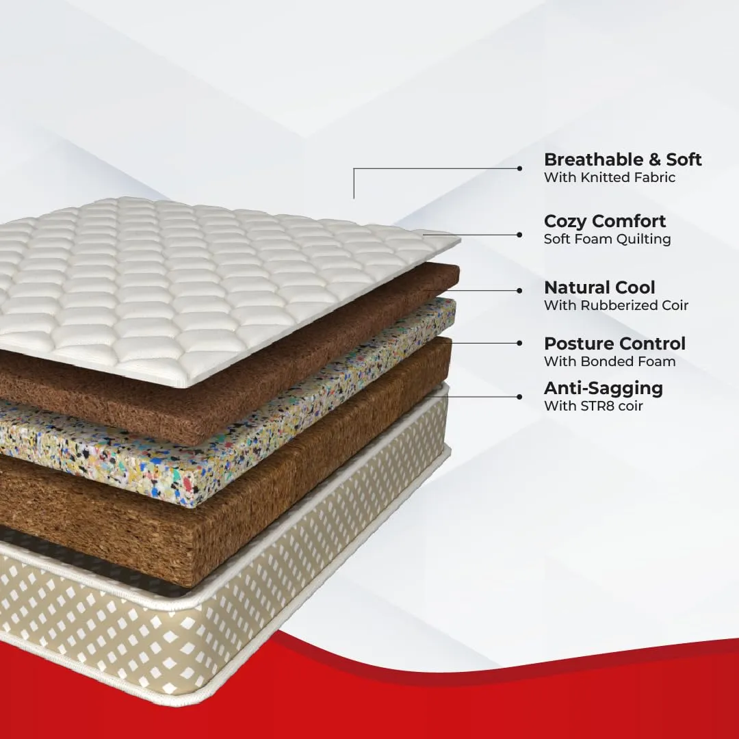 Kurl-On Mattress | Kurlo Bond Plus | Orthopedic 6-Inch Queen Size Bed Mattress (78x60x6 Inches, Medium Soft), Natural Coir   Bonded Foam, Soft Foam for Comfort.