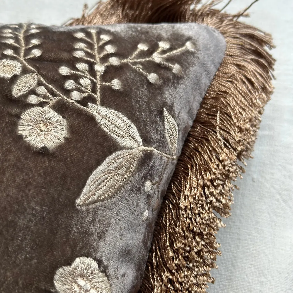 Liza Silk Velvet Embroidered Cushion in Smoke with Beige Fringe
