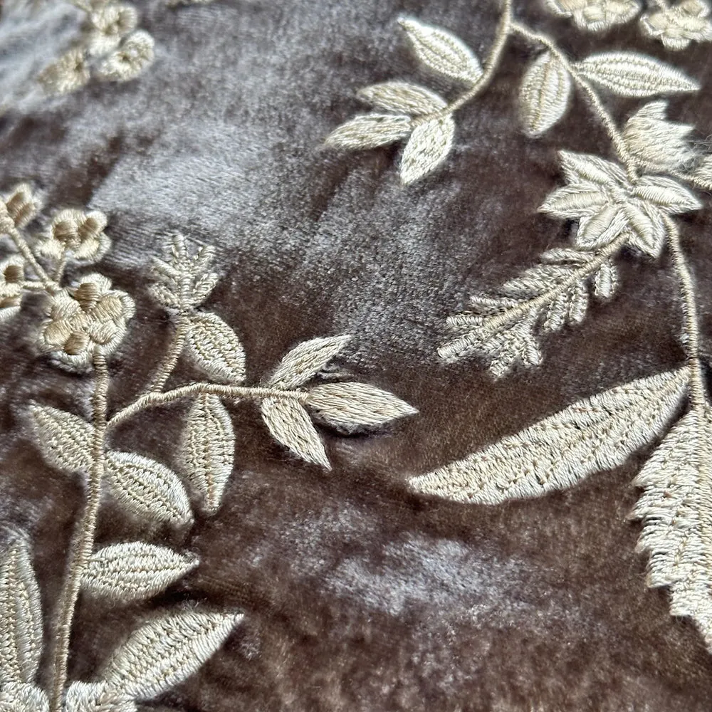 Liza Silk Velvet Embroidered Cushion in Smoke with Beige Fringe