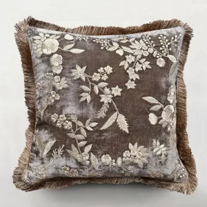 Liza Silk Velvet Embroidered Cushion in Smoke with Beige Fringe