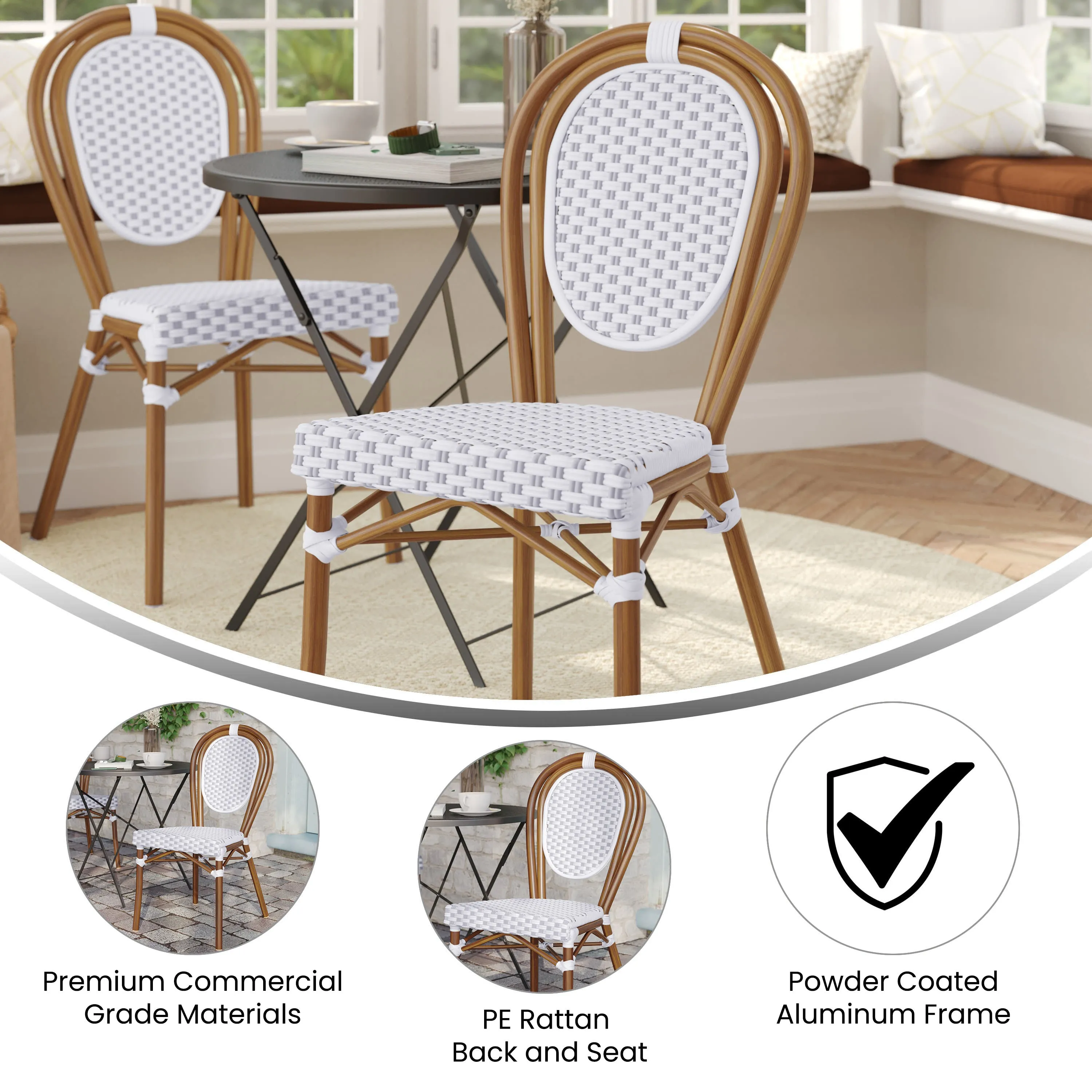 Lourdes Indoor/Outdoor Commercial Thonet Bistro Stacking Chair, PE Rattan and Aluminum Frame
