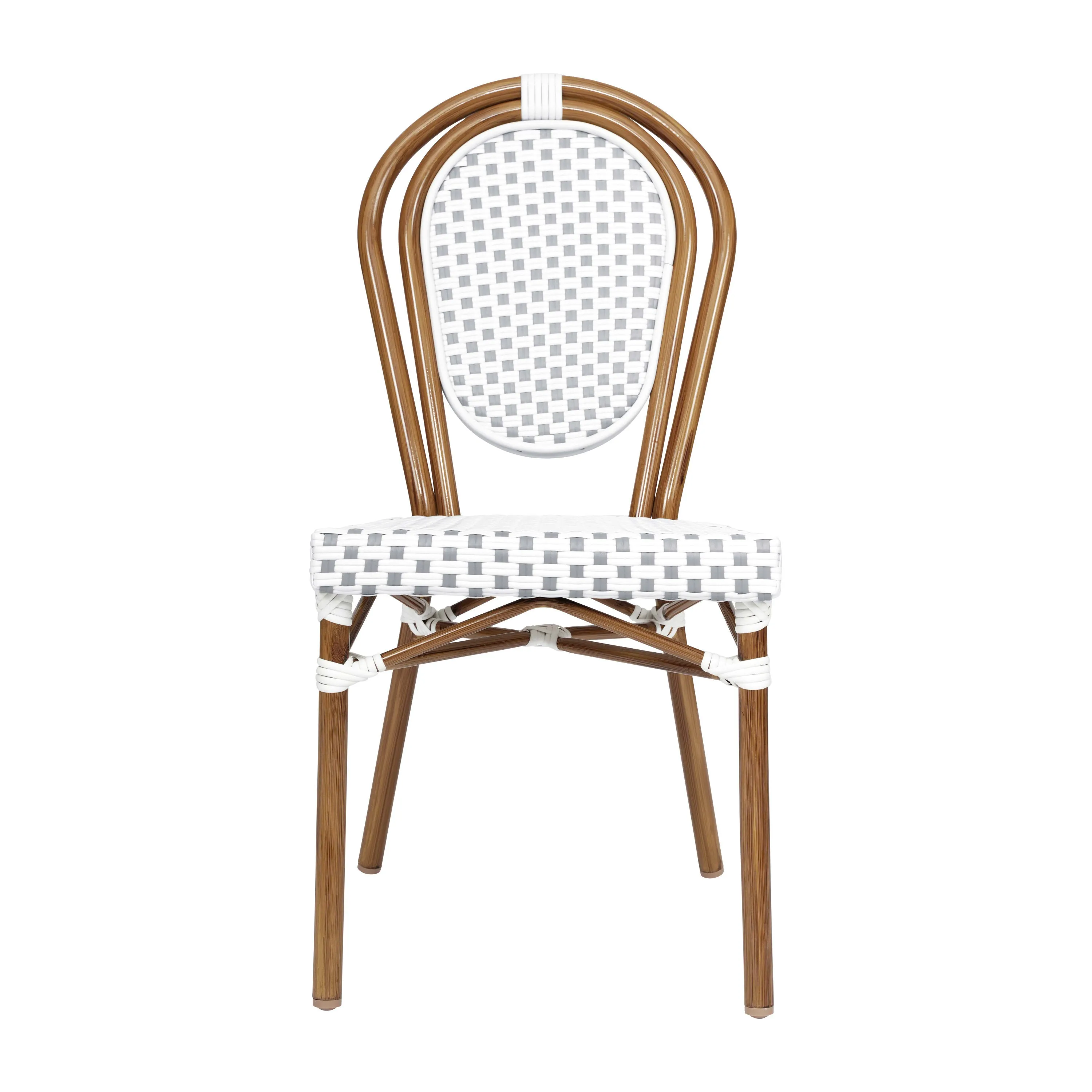 Lourdes Indoor/Outdoor Commercial Thonet Bistro Stacking Chair, PE Rattan and Aluminum Frame