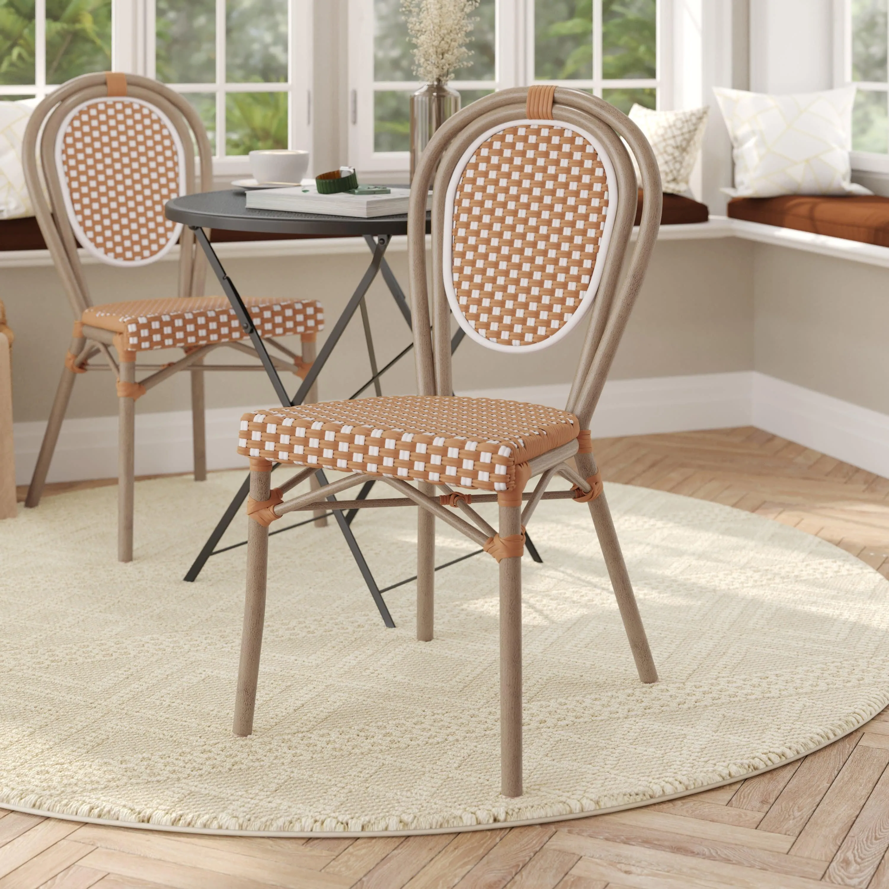 Lourdes Indoor/Outdoor Commercial Thonet Bistro Stacking Chair, PE Rattan and Aluminum Frame