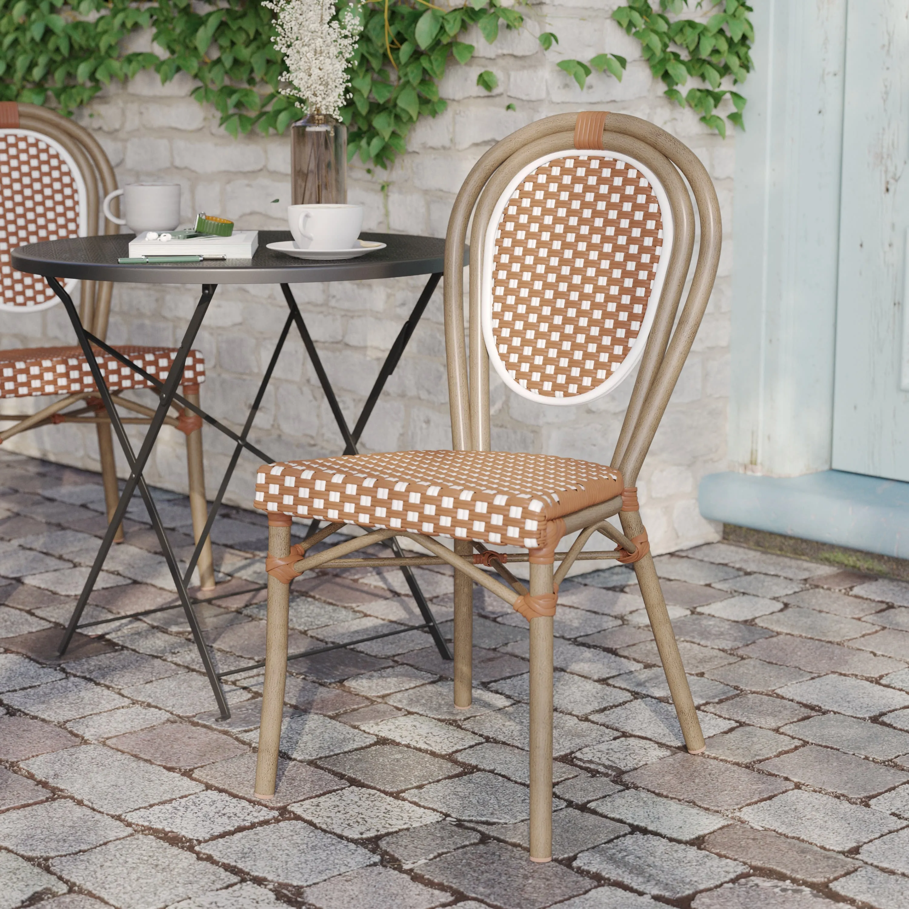 Lourdes Indoor/Outdoor Commercial Thonet Bistro Stacking Chair, PE Rattan and Aluminum Frame