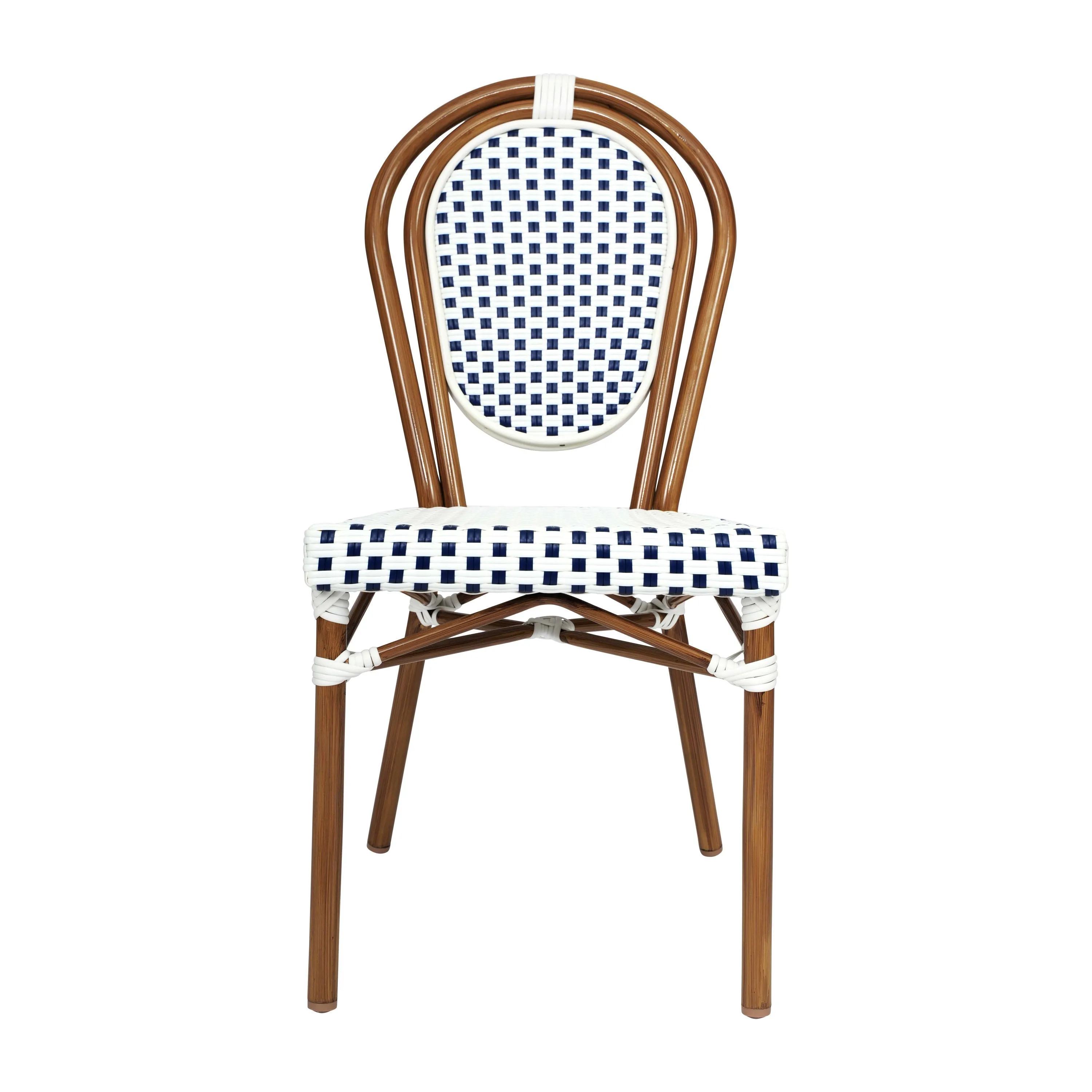 Lourdes Indoor/Outdoor Commercial Thonet Bistro Stacking Chair, PE Rattan and Aluminum Frame