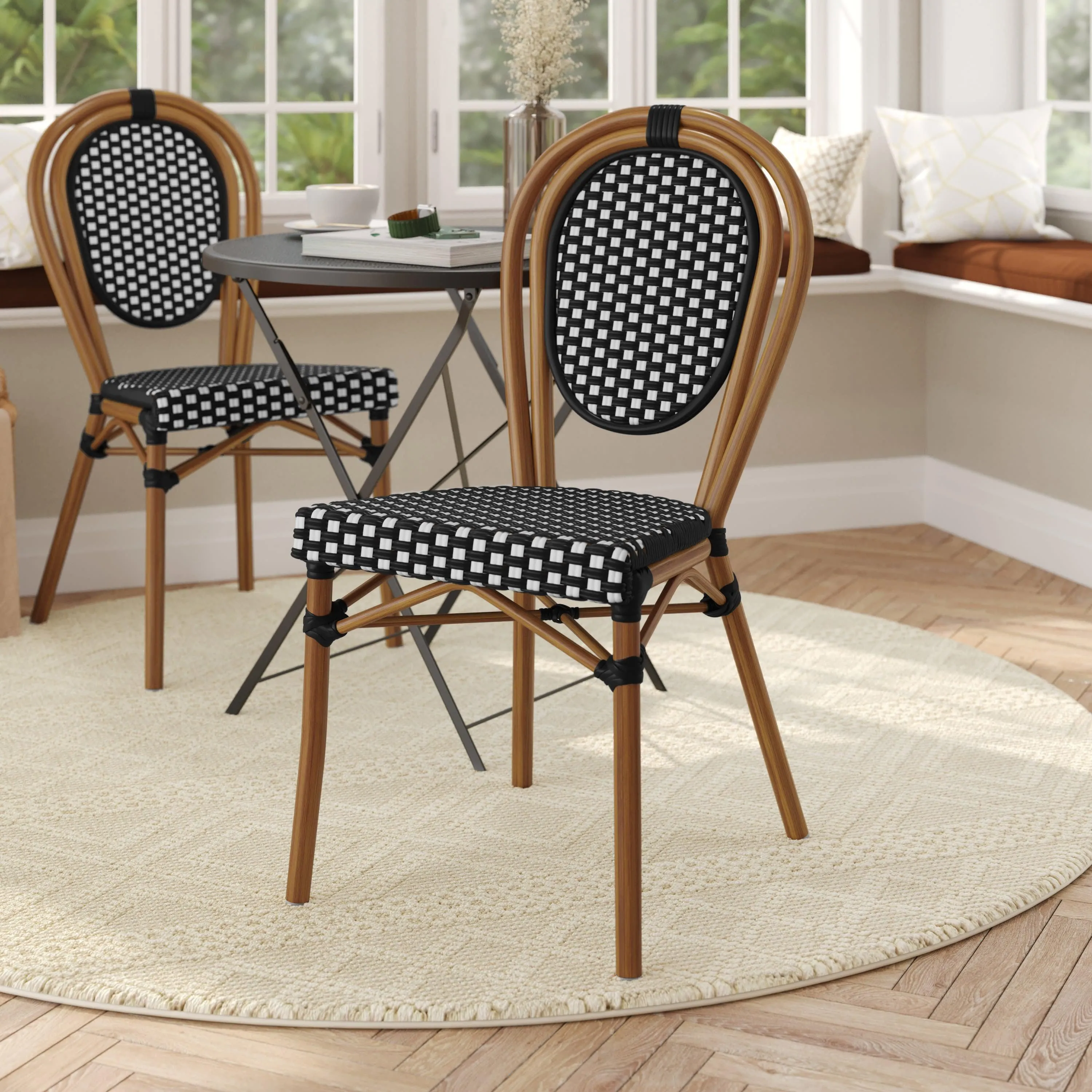 Lourdes Indoor/Outdoor Commercial Thonet Bistro Stacking Chair, PE Rattan and Aluminum Frame