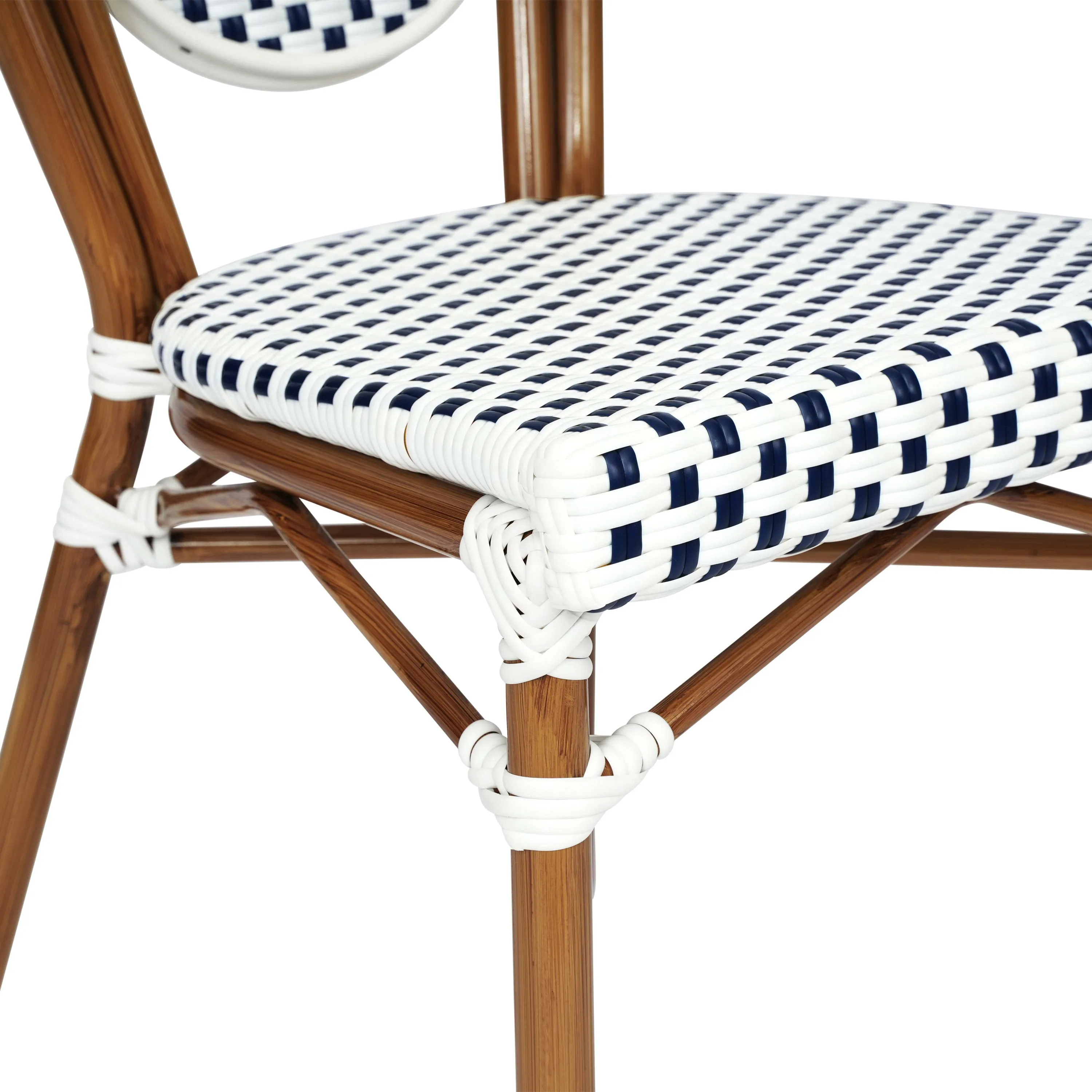 Lourdes Indoor/Outdoor Commercial Thonet Bistro Stacking Chair, PE Rattan and Aluminum Frame