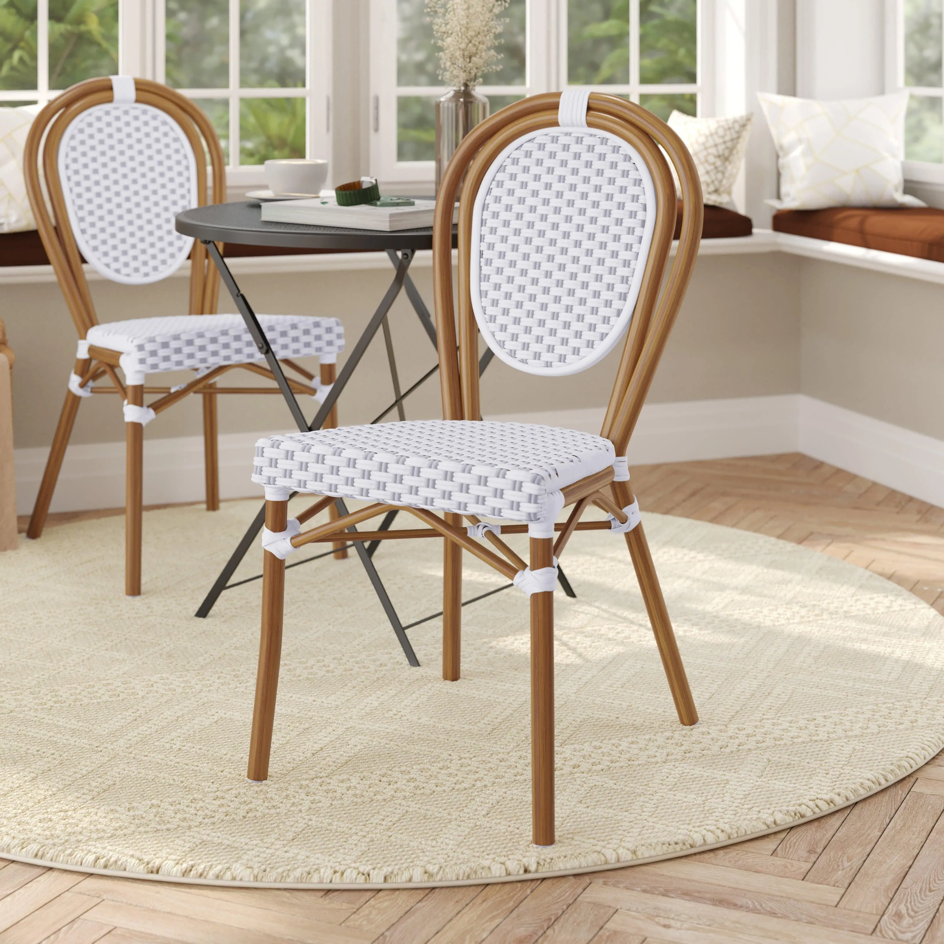 Lourdes Indoor/Outdoor Commercial Thonet Bistro Stacking Chair, PE Rattan and Aluminum Frame