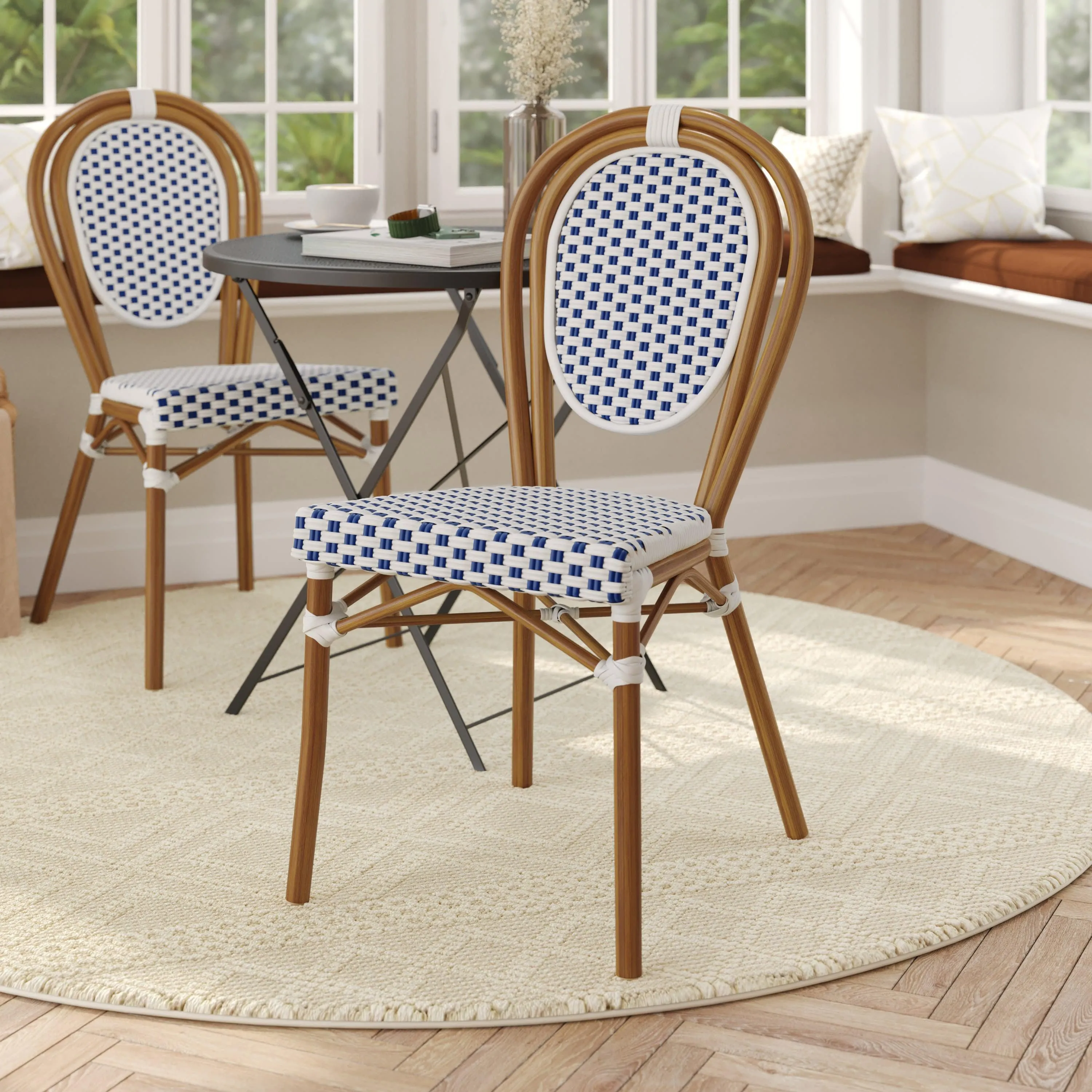 Lourdes Indoor/Outdoor Commercial Thonet Bistro Stacking Chair, PE Rattan and Aluminum Frame