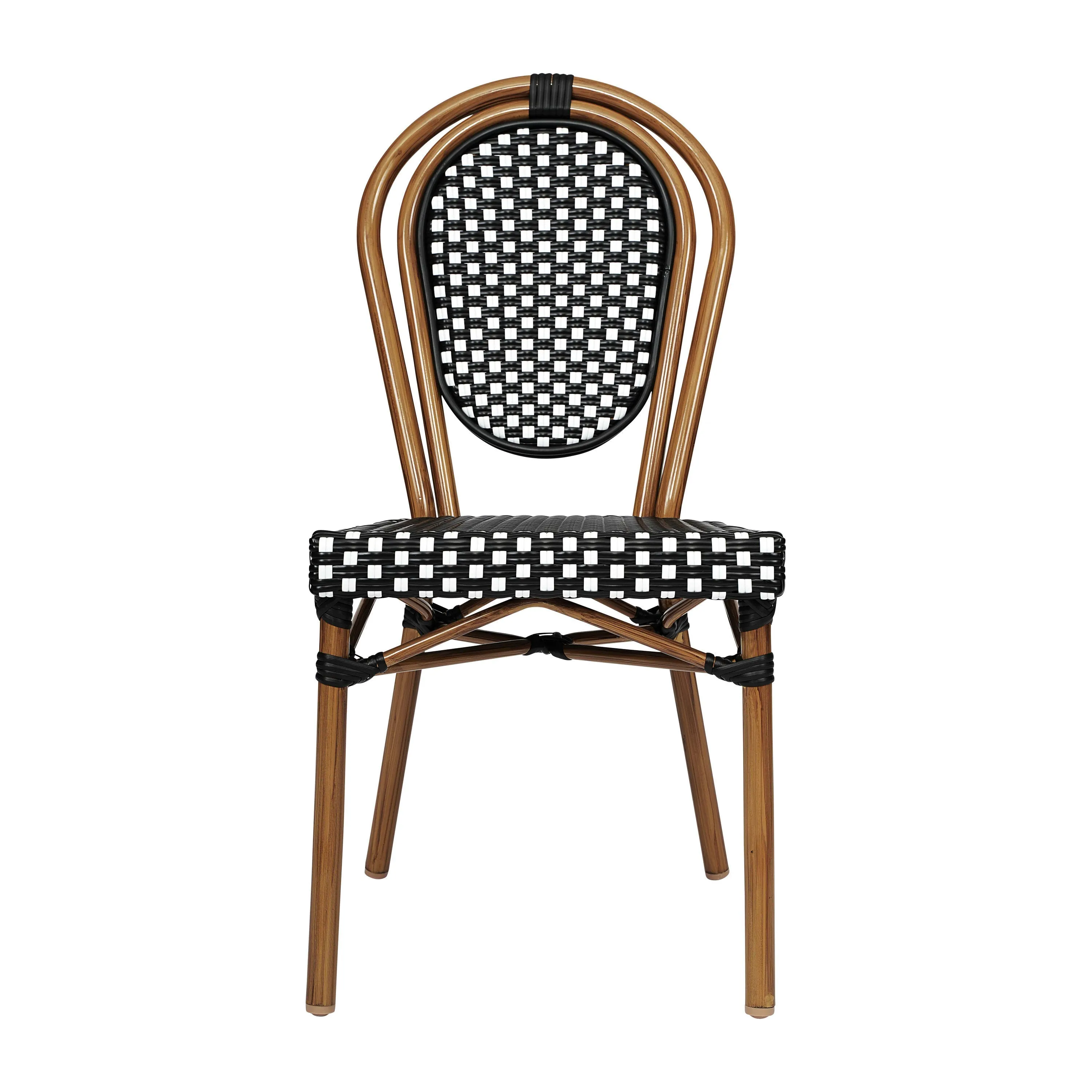 Lourdes Indoor/Outdoor Commercial Thonet Bistro Stacking Chair, PE Rattan and Aluminum Frame