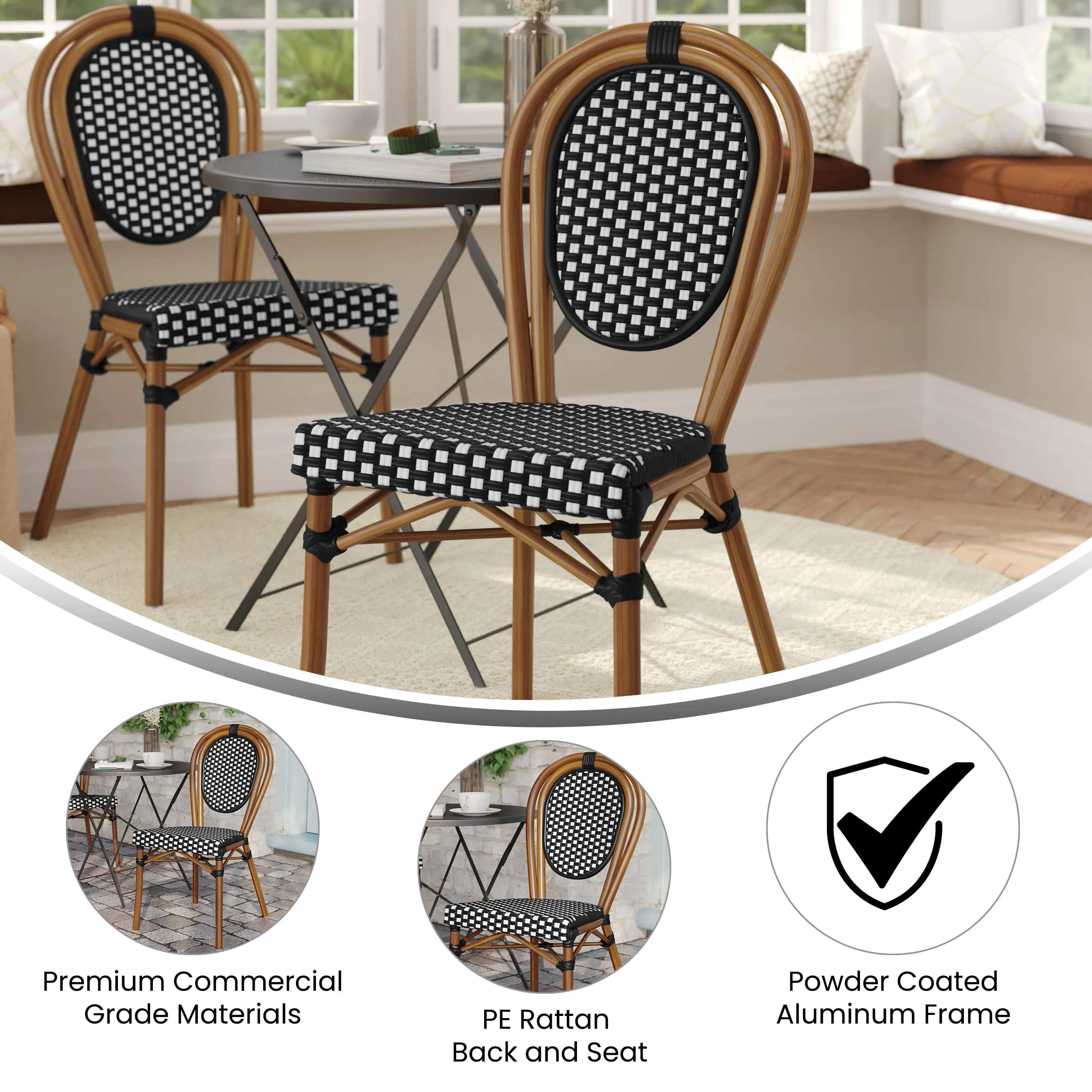 Lourdes Indoor/Outdoor Commercial Thonet Bistro Stacking Chair, PE Rattan and Aluminum Frame
